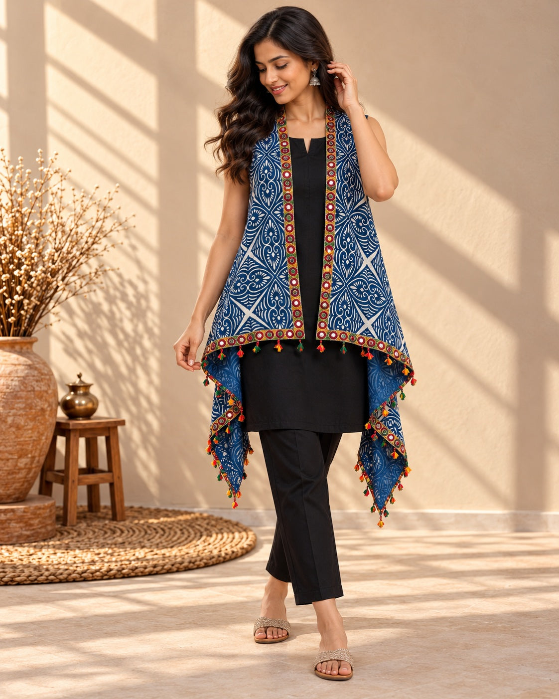 Indigo Blockprint Soft Cotton Tassel Shrug