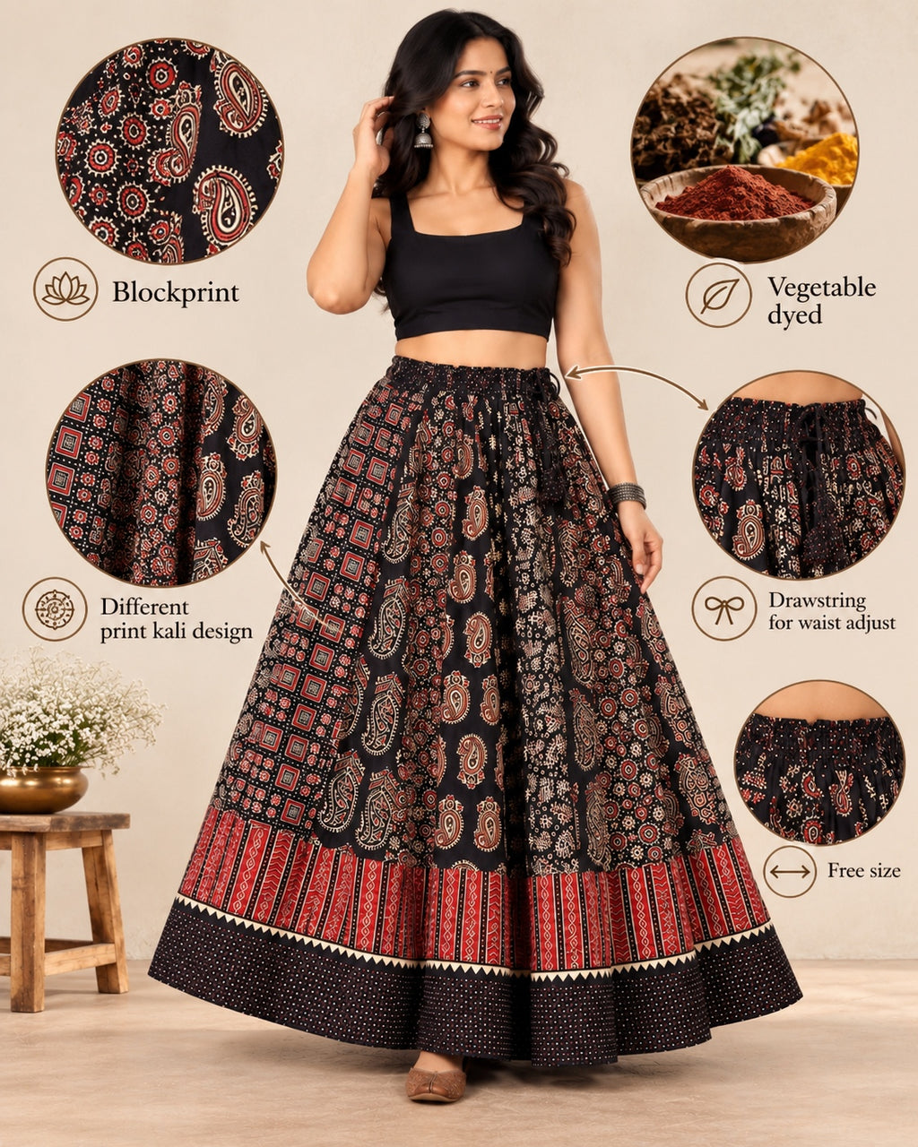 Ajarakh Black Kali Vegetable Dyed Skirt