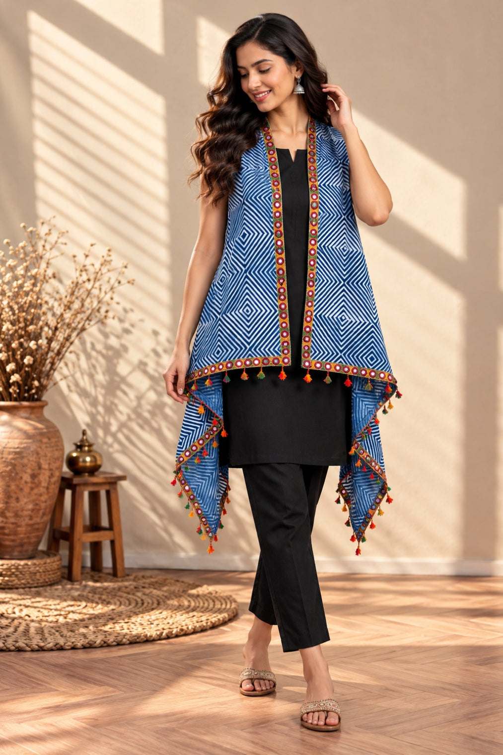 Indigo Blockprint Soft Cotton Tassel Shrug