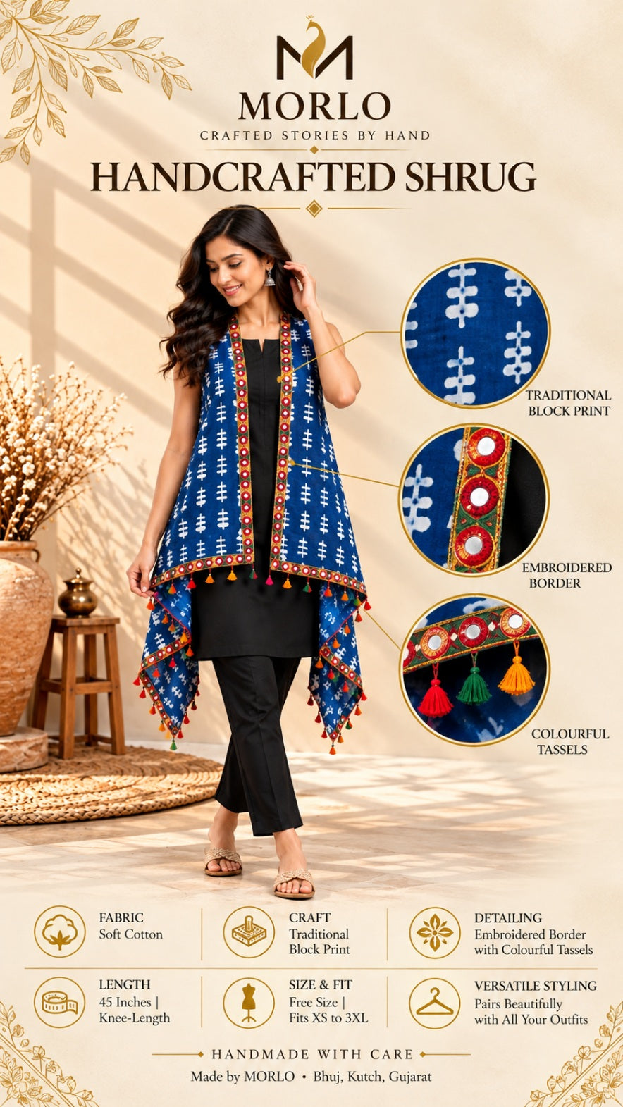 Indigo Blockprint Soft Cotton Tassel Shrug
