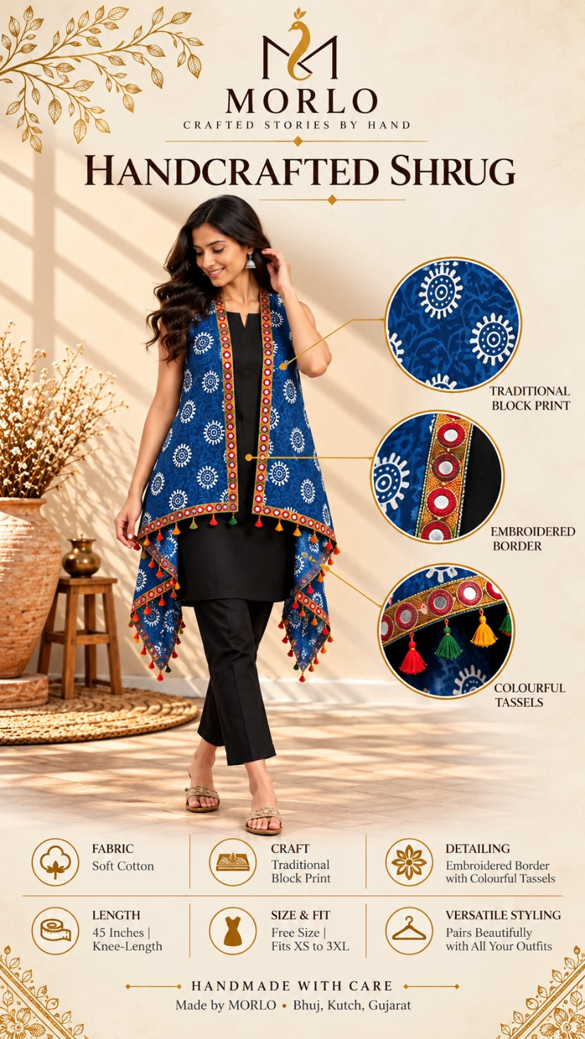 Indigo Blockprint Soft Cotton Tassel Shrug