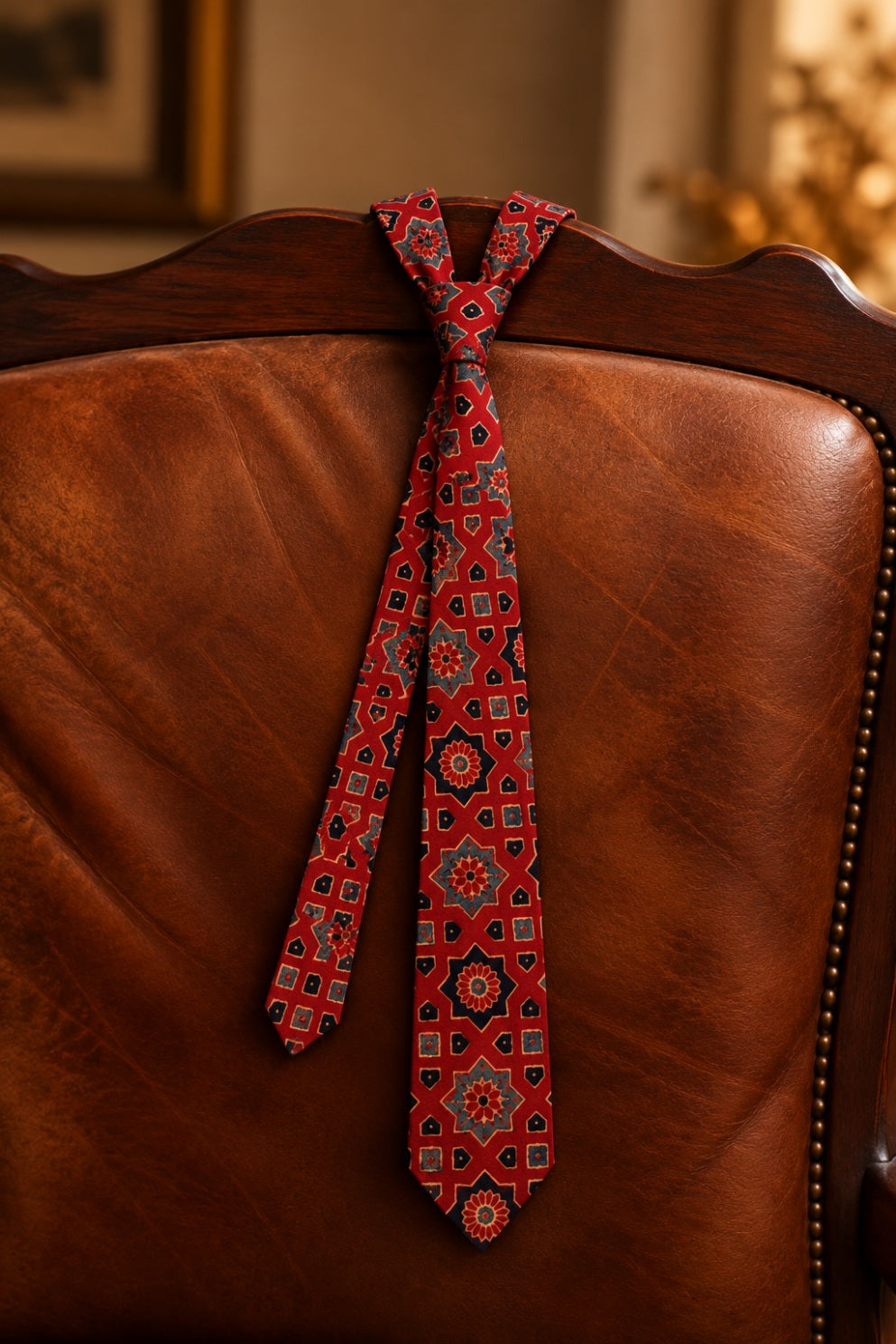 Rustic Maroon Ajarakh Tie & Pocket Square Set for Men