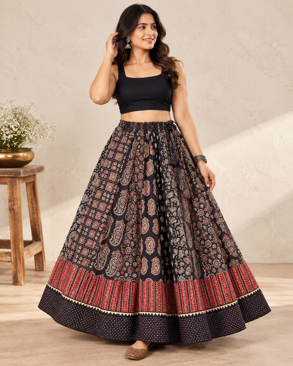 Ajarakh Black Kali Vegetable Dyed Skirt