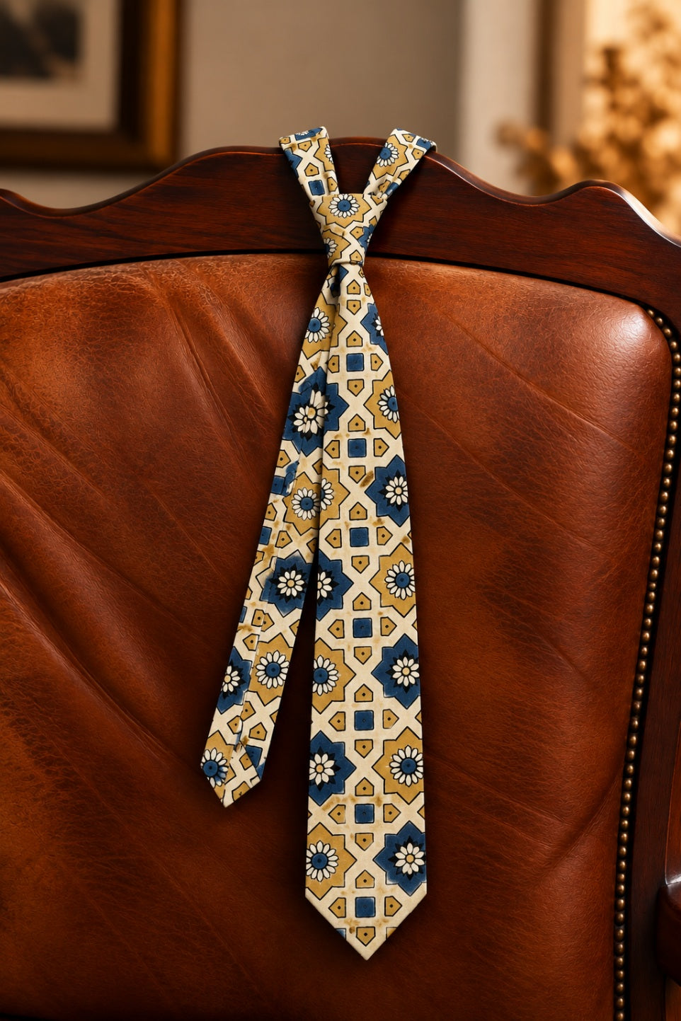 Cream Ajarakh Tie & Pocket Square Set for Men