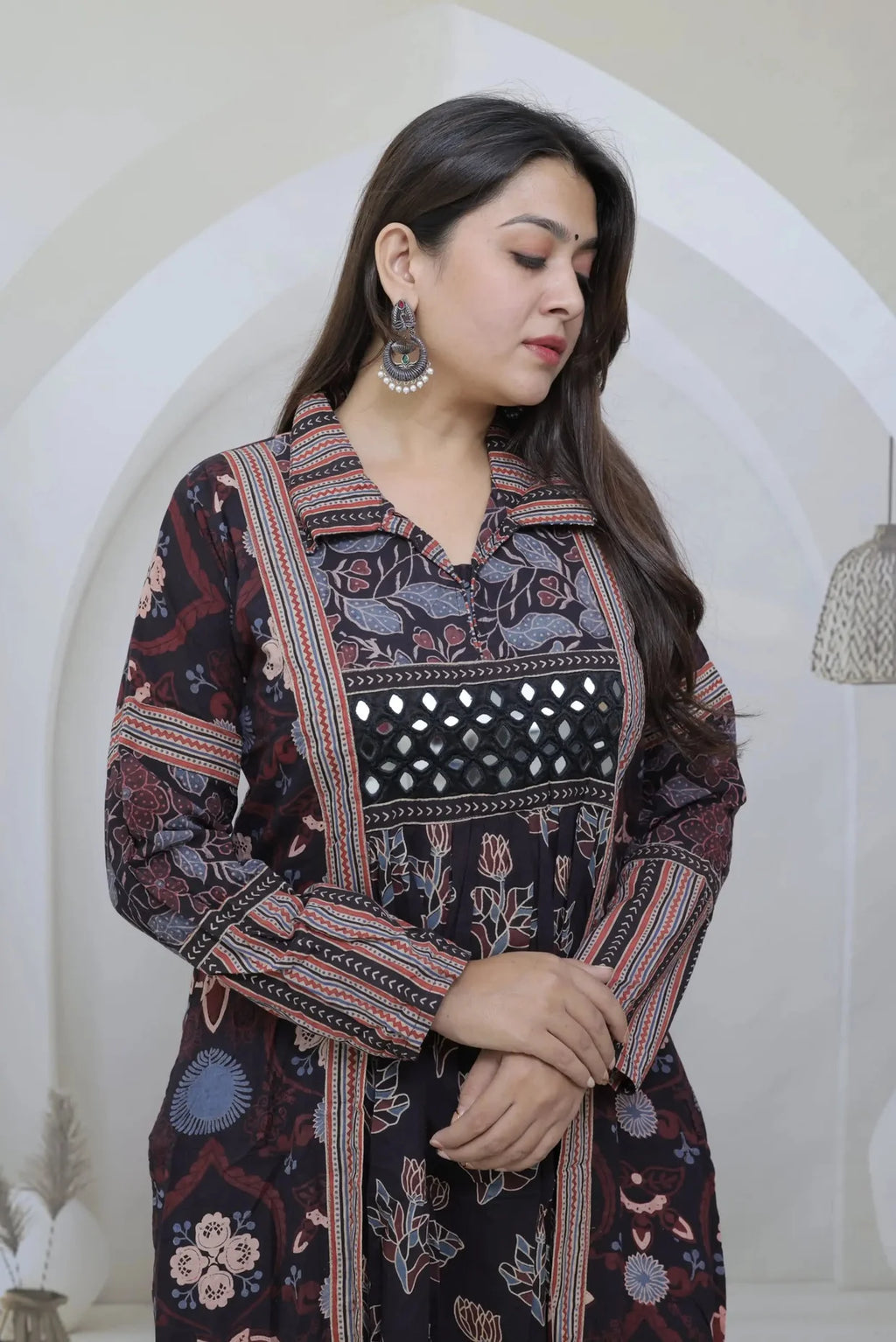 Swara Ajarakh Flap Collar & Mirror Cotton Long Kurti/One Piece