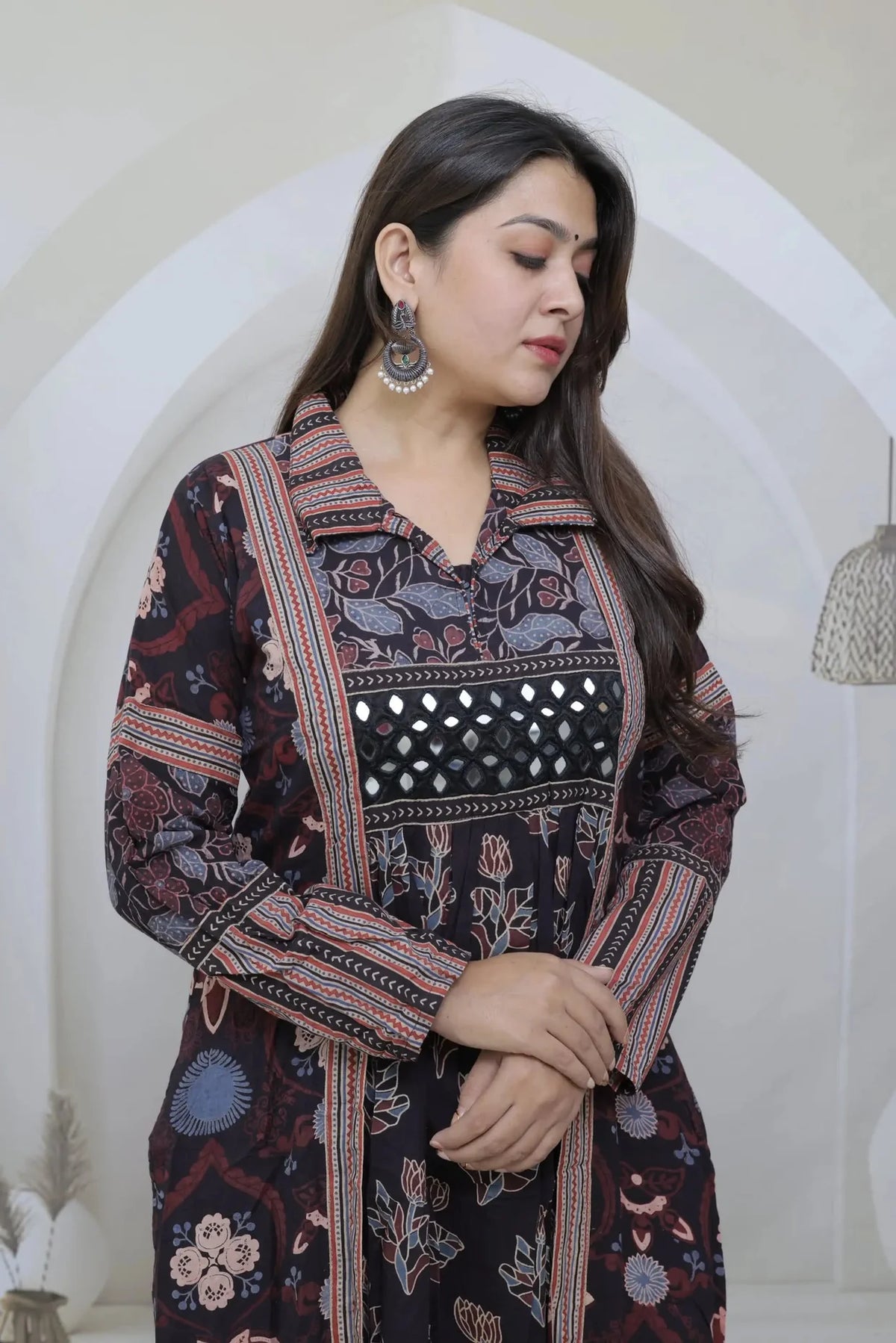 Swara Ajarakh Flap Collar & Mirror Cotton Long Kurti/One Piece