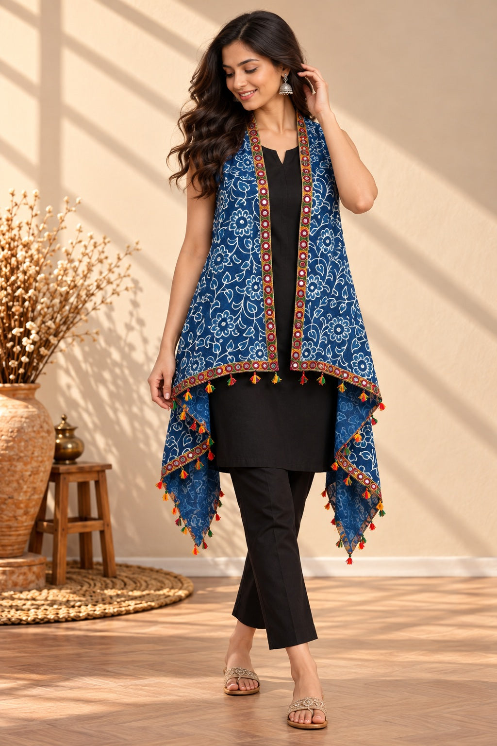 Indigi Blockprint Soft Cotton Tassel Shrug