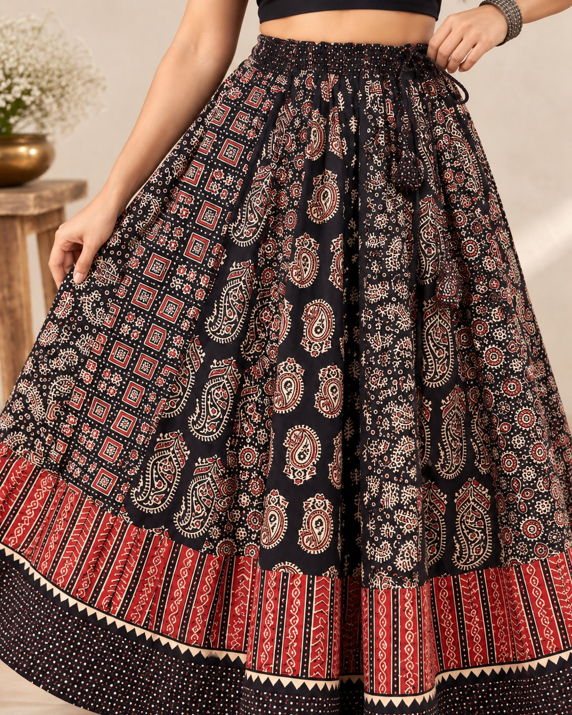Ajarakh Black Kali Vegetable Dyed Skirt