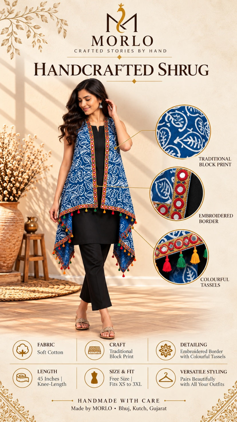Indigo Blockprint Soft Cotton Tassel Shrug