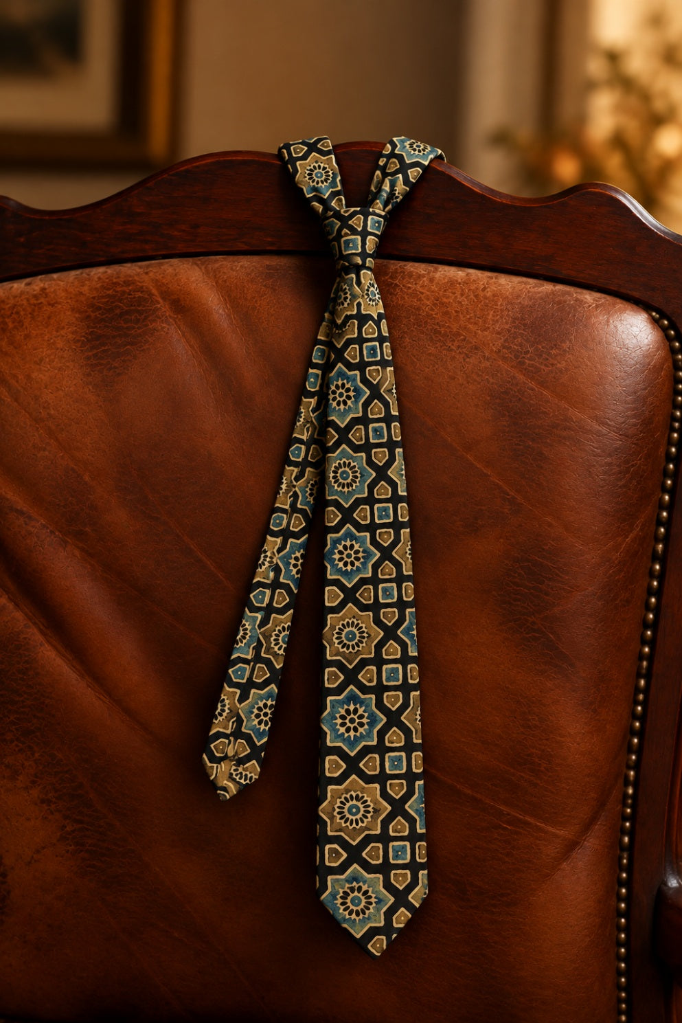 Mahendi Green Ajarakh Tie & Pocket Square Set for Men