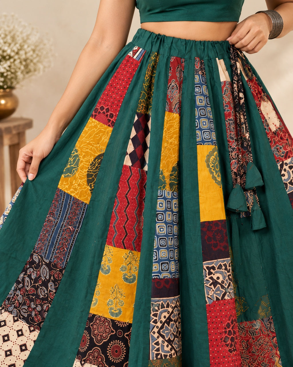 Ajarakh Green Multi Kali & Plain Skirt