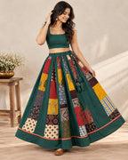 Ajarakh Green Multi Kali & Plain Skirt
