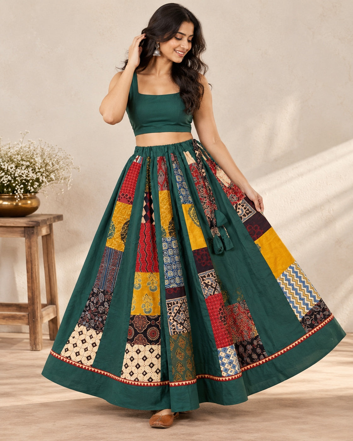 Ajarakh Green Multi Kali & Plain Skirt
