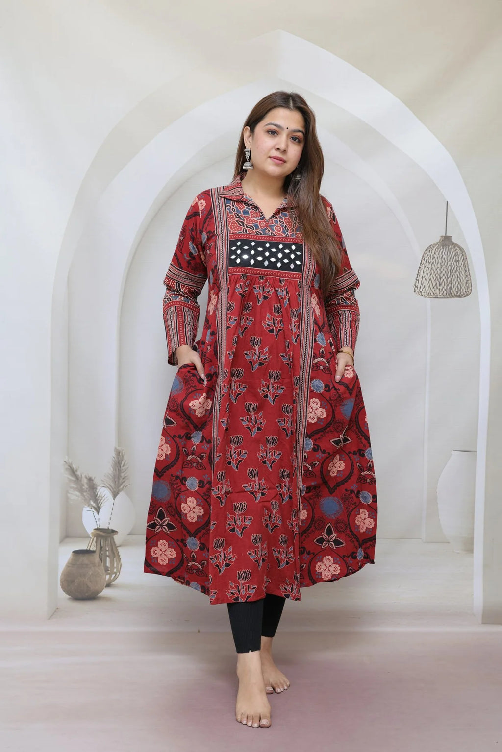 Swara Ajarakh Flap Collar & Mirror Cotton Long Kurti/One Piece