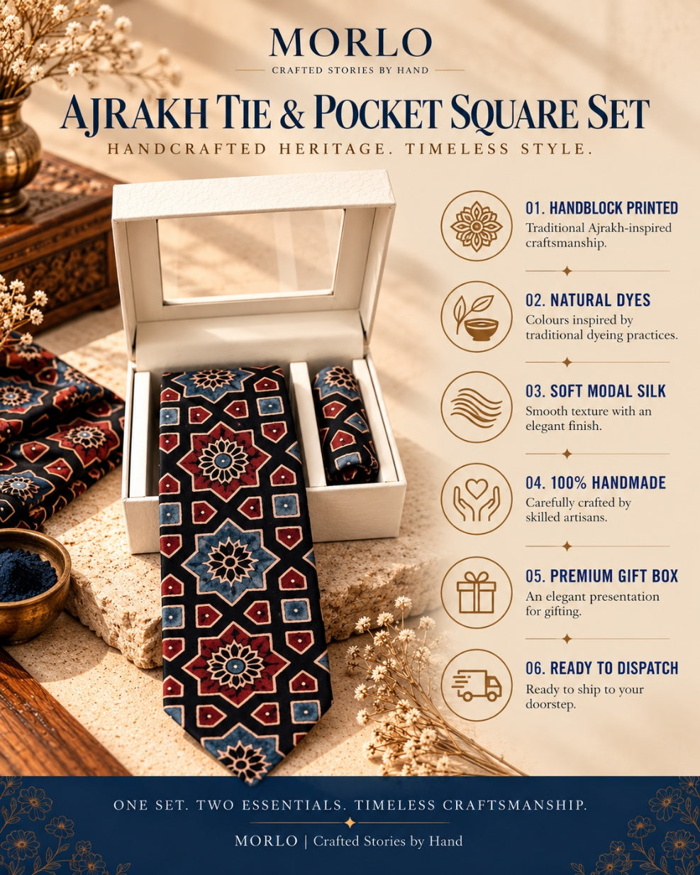 Black Ajarakh Tie & Pocket Square Set for Men