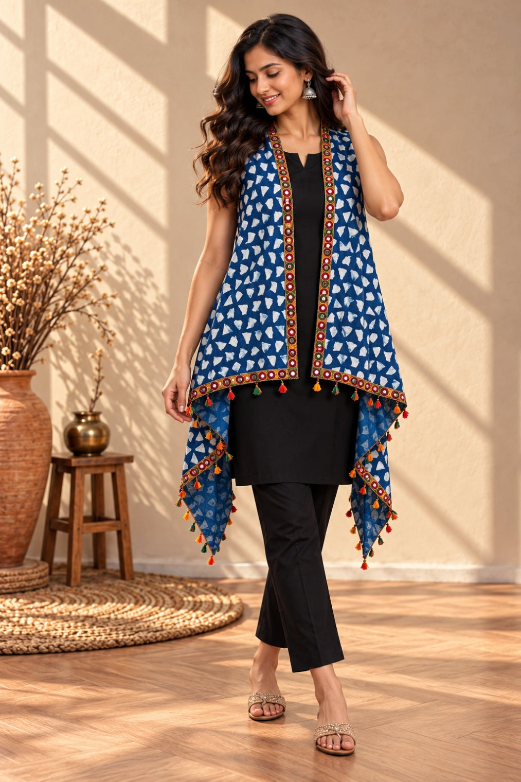 Indigi Blockprint Soft Cotton Tassel Shrug
