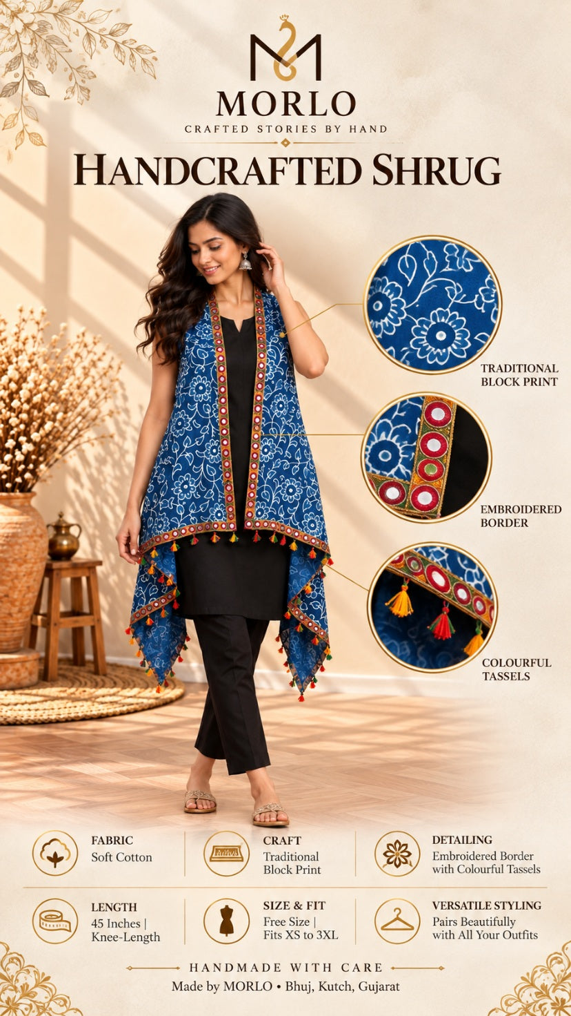 Indigi Blockprint Soft Cotton Tassel Shrug