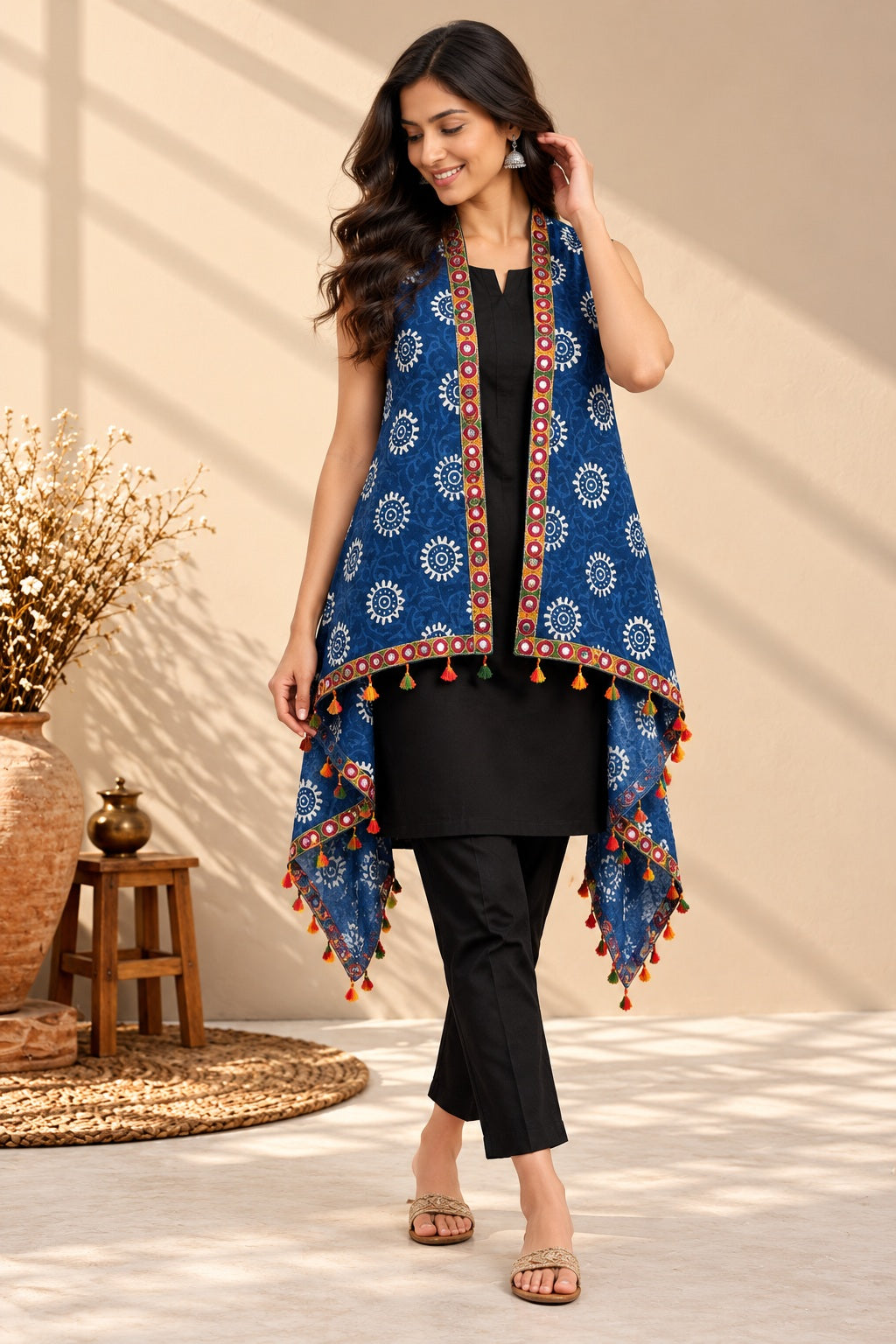 Indigo Blockprint Soft Cotton Tassel Shrug