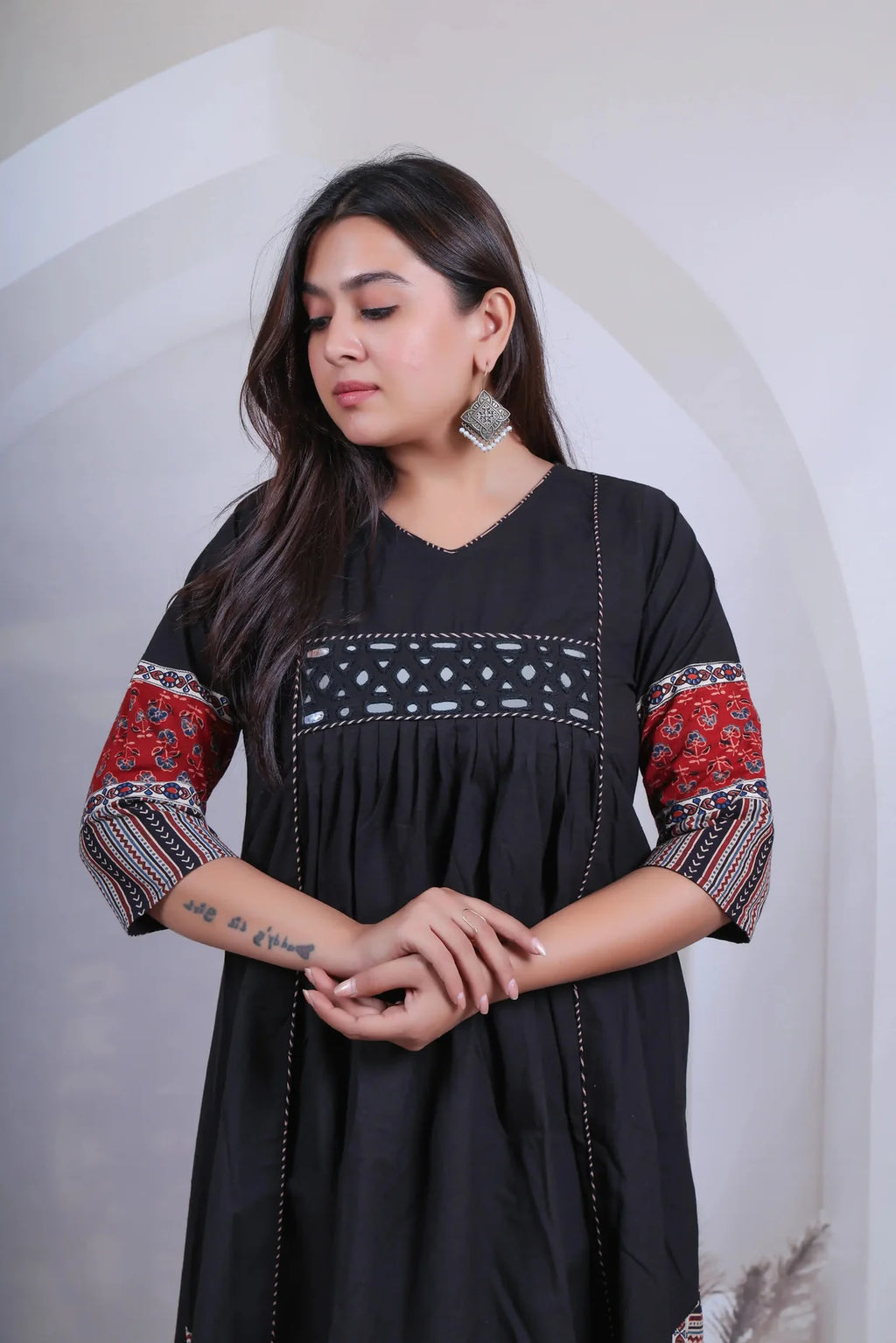 Kasis Ajarakh Plain Mirror Long Kurti/One Piece
