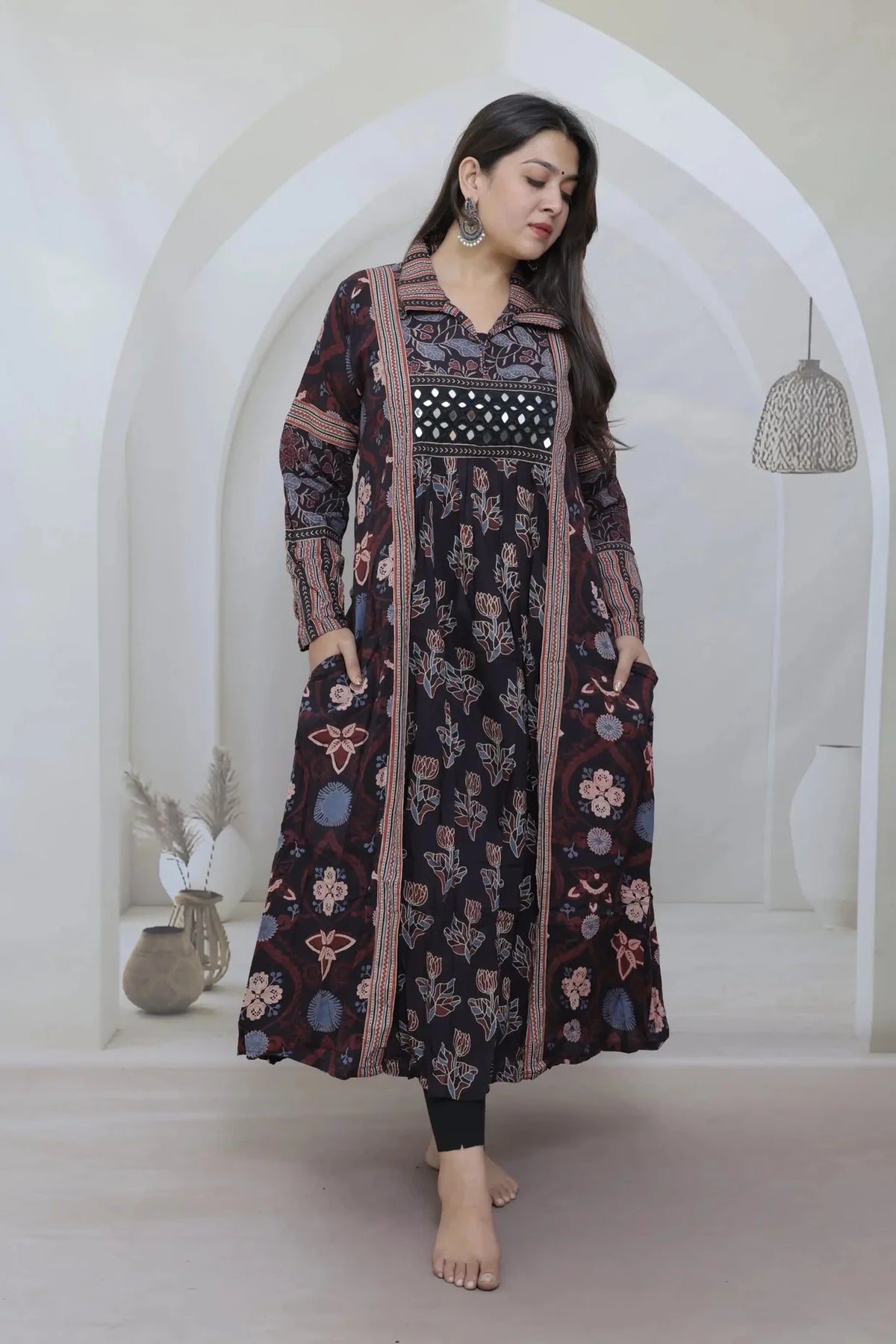 Swara Ajarakh Flap Collar & Mirror Cotton Long Kurti/One Piece