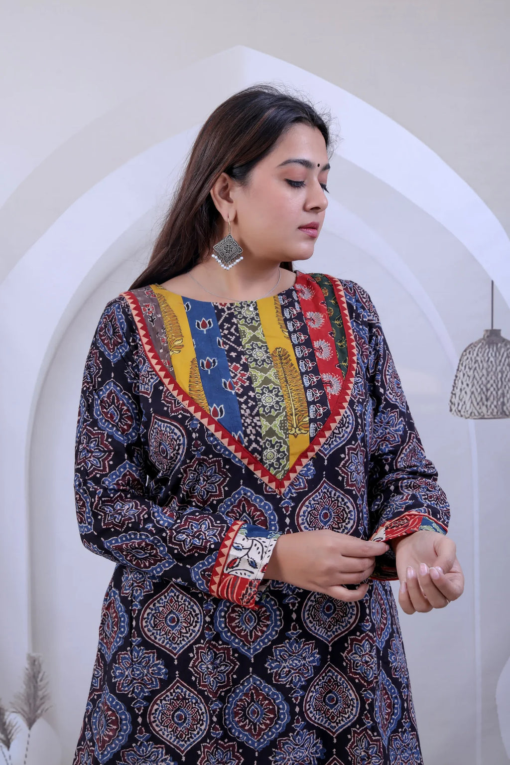 Jeeva Ajarakh Black Patchwork Neck A Line Kurti