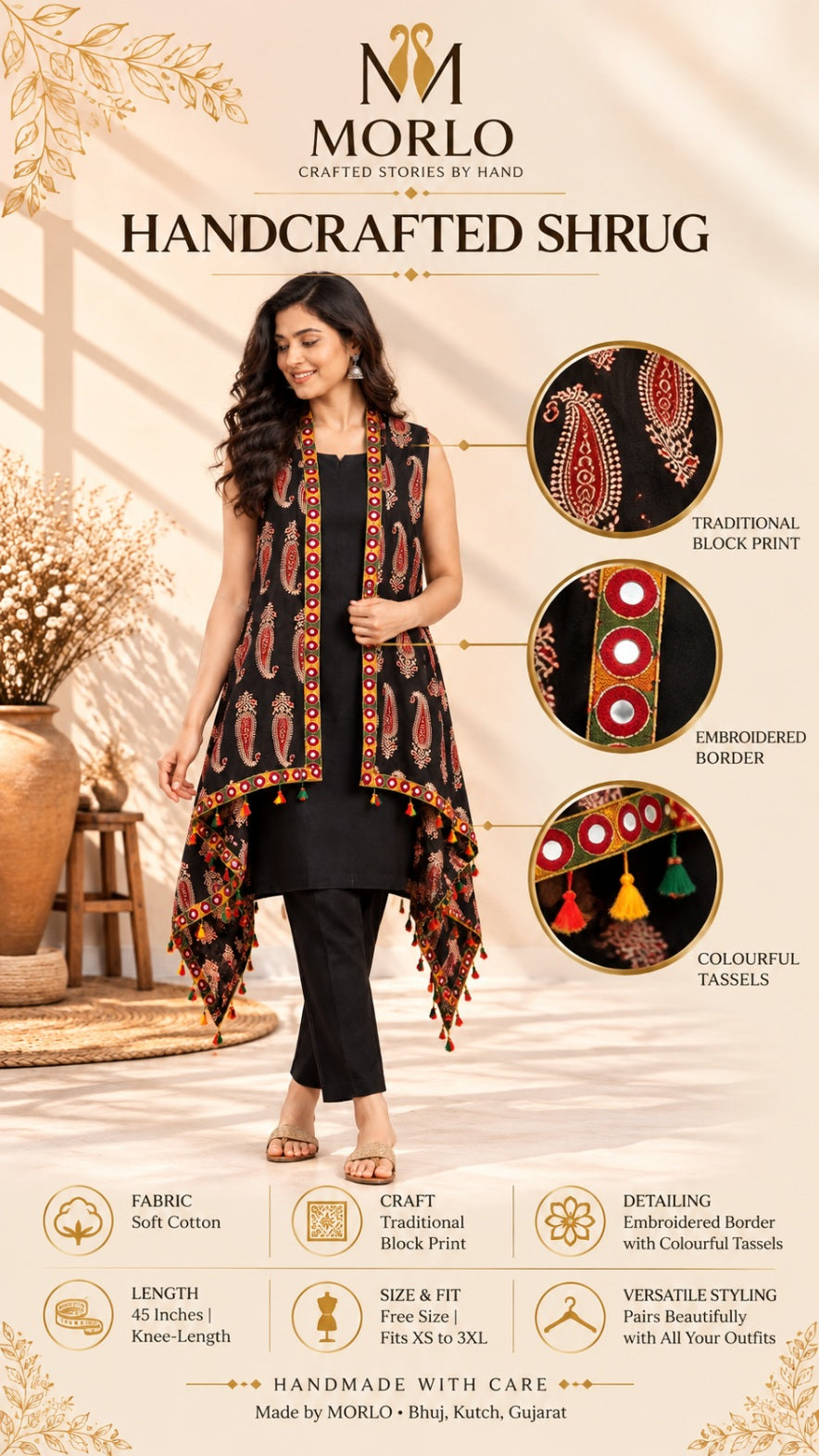 Ajarakh Soft Cotton Tassel Shrug