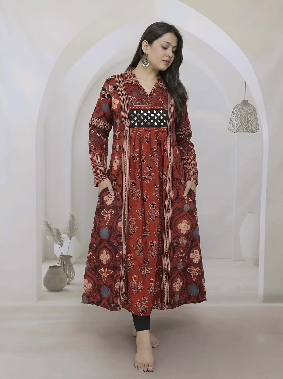 Swara Ajarakh Flap Collar & Mirror Cotton Long Kurti/One Piece
