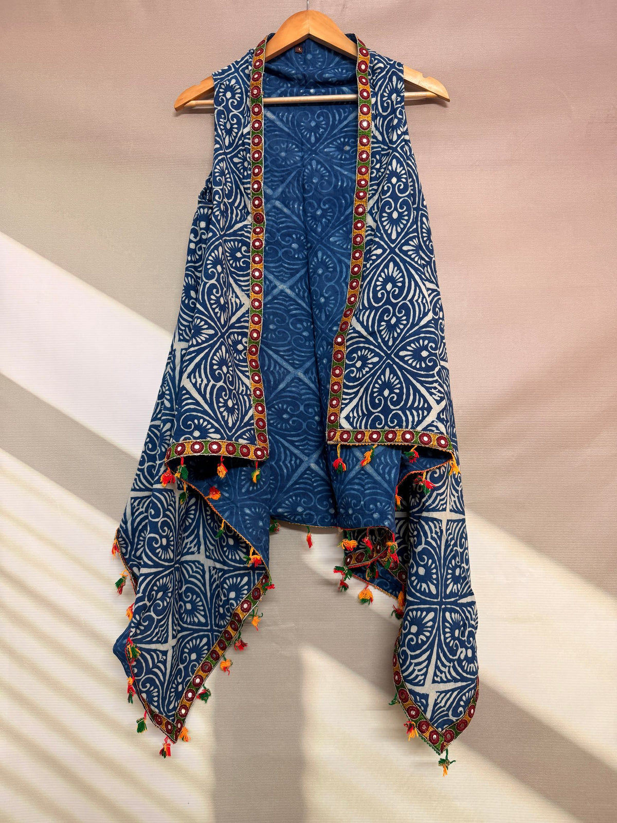 Indigo Blockprint Soft Cotton Tassel Shrug