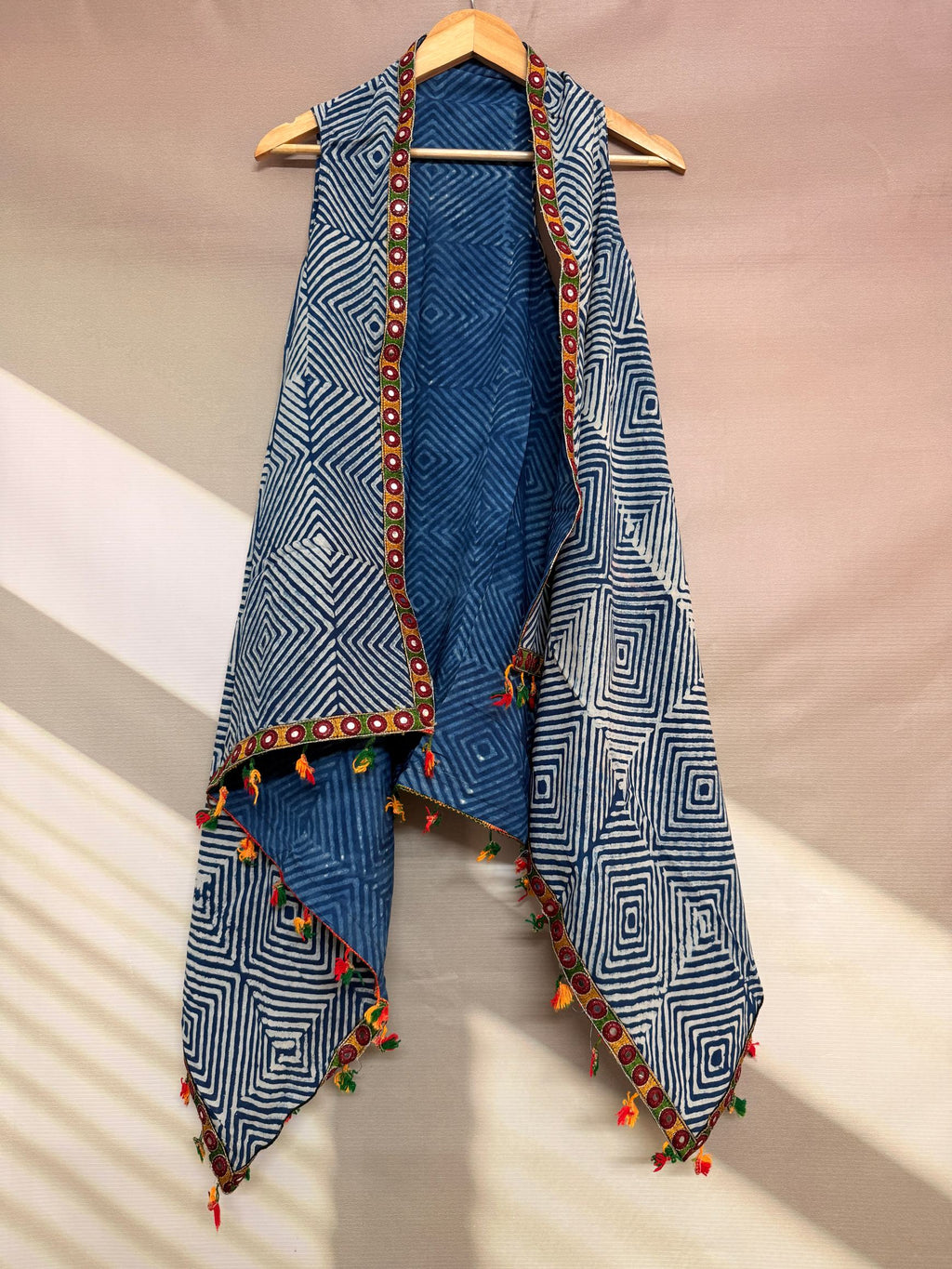 Indigo Blockprint Soft Cotton Tassel Shrug