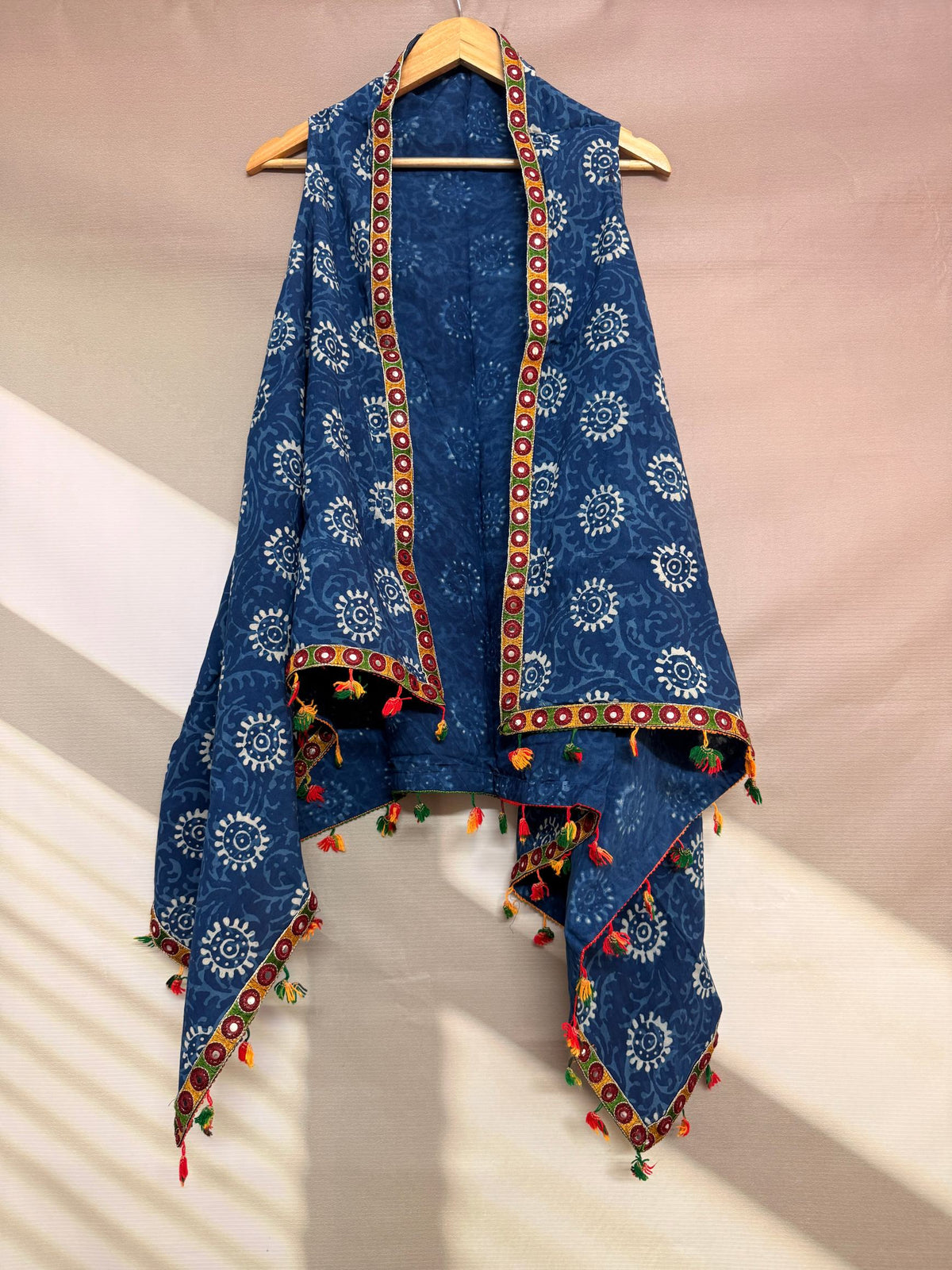 Indigo Blockprint Soft Cotton Tassel Shrug