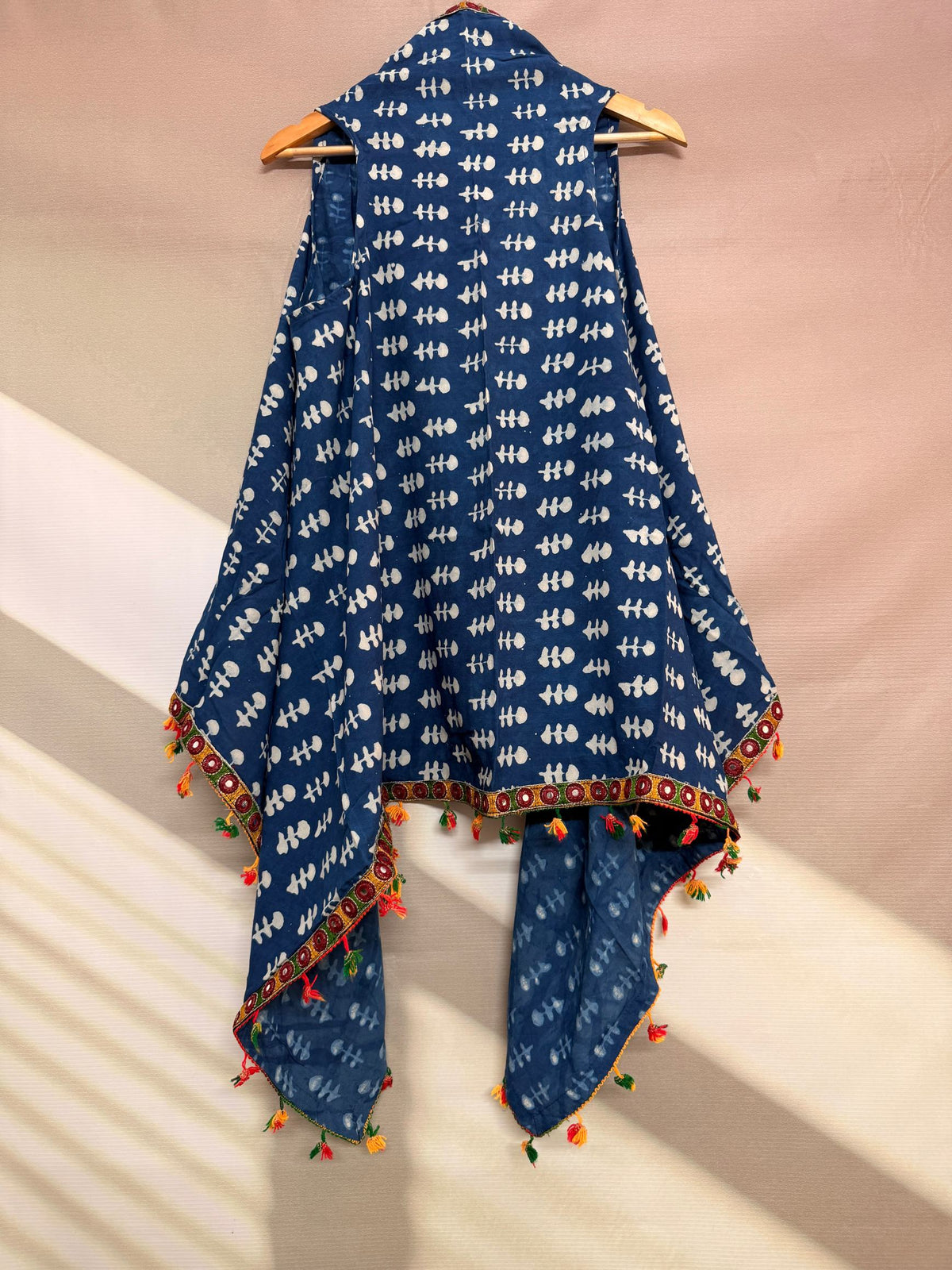 Indigo Blockprint Soft Cotton Tassel Shrug