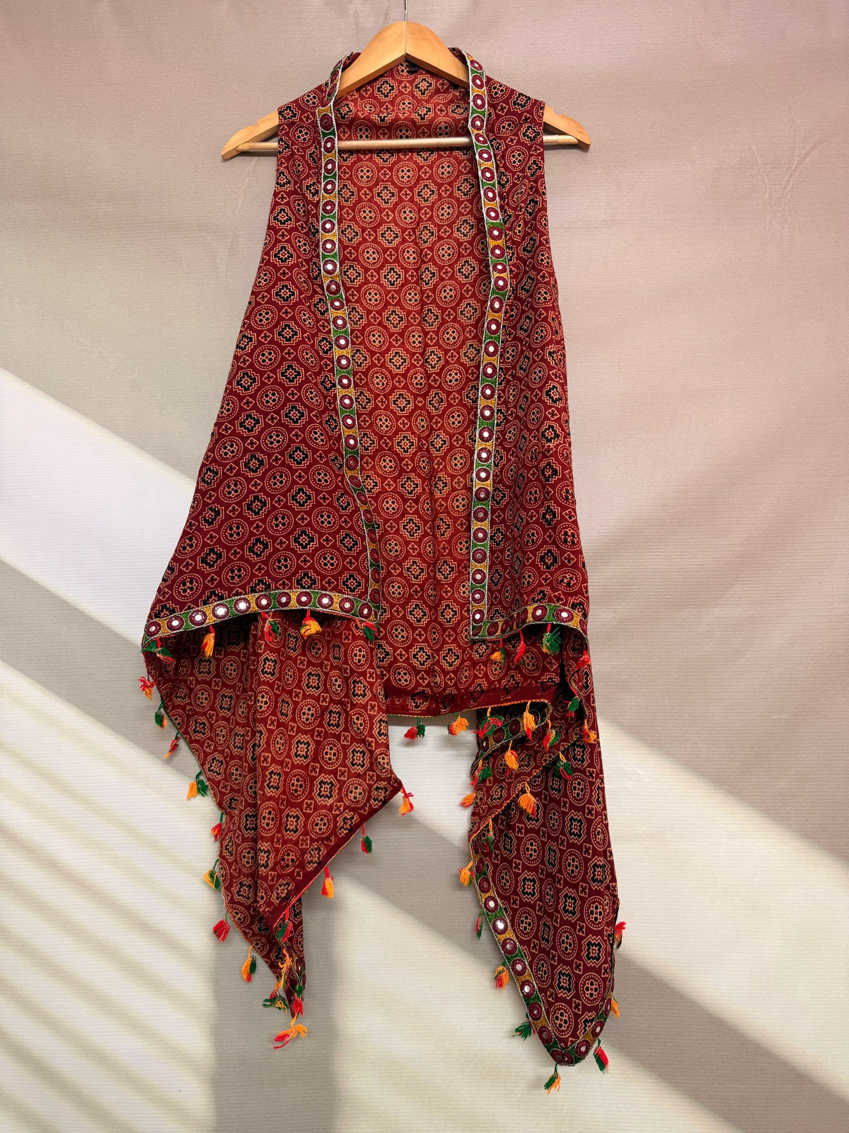 Ajarakh Soft Cotton Tassel Shrug