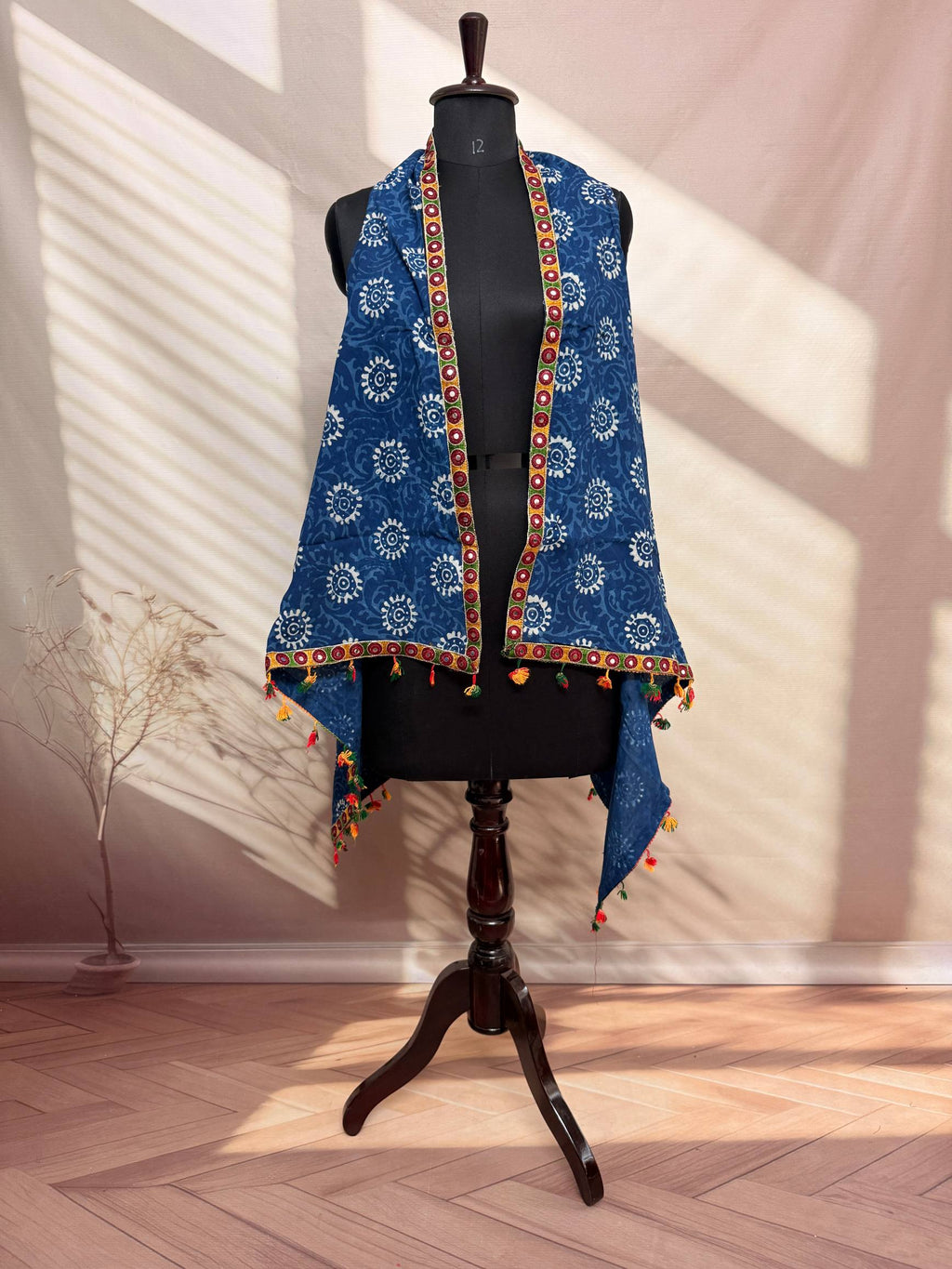 Indigo Blockprint Soft Cotton Tassel Shrug