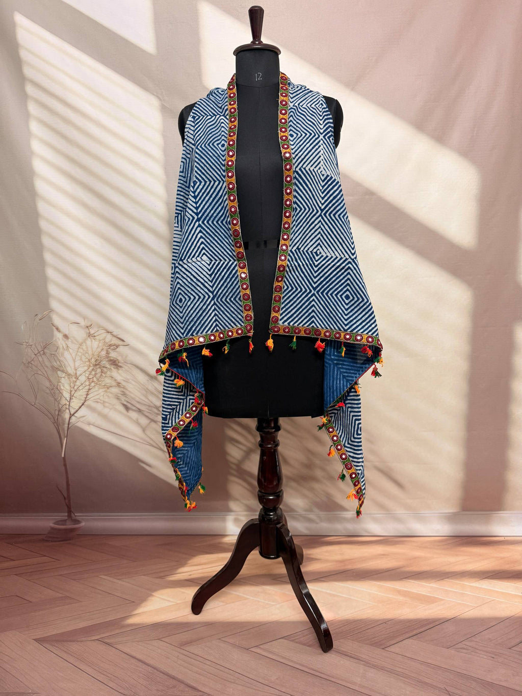 Indigo Blockprint Soft Cotton Tassel Shrug