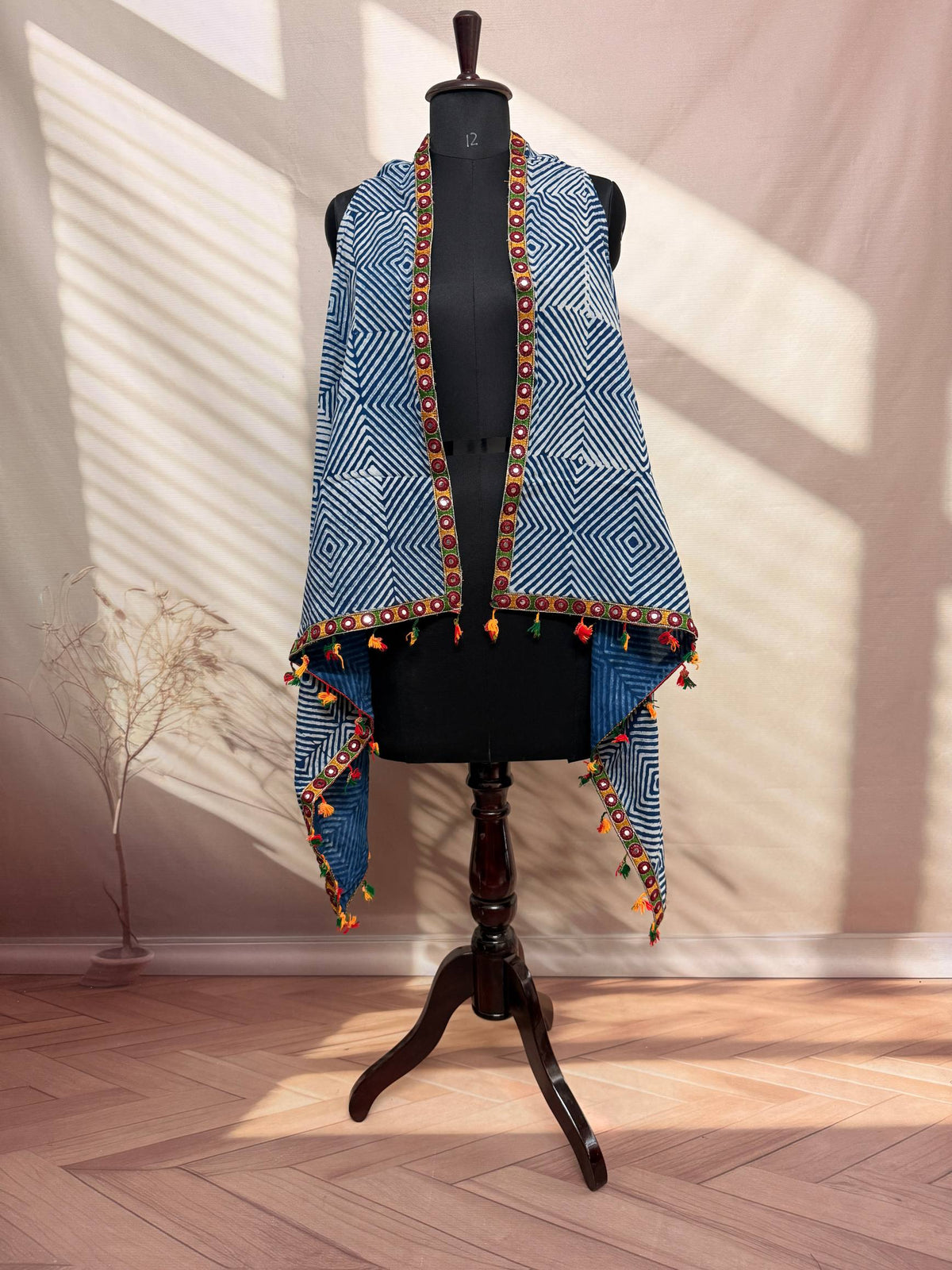 Indigo Blockprint Soft Cotton Tassel Shrug