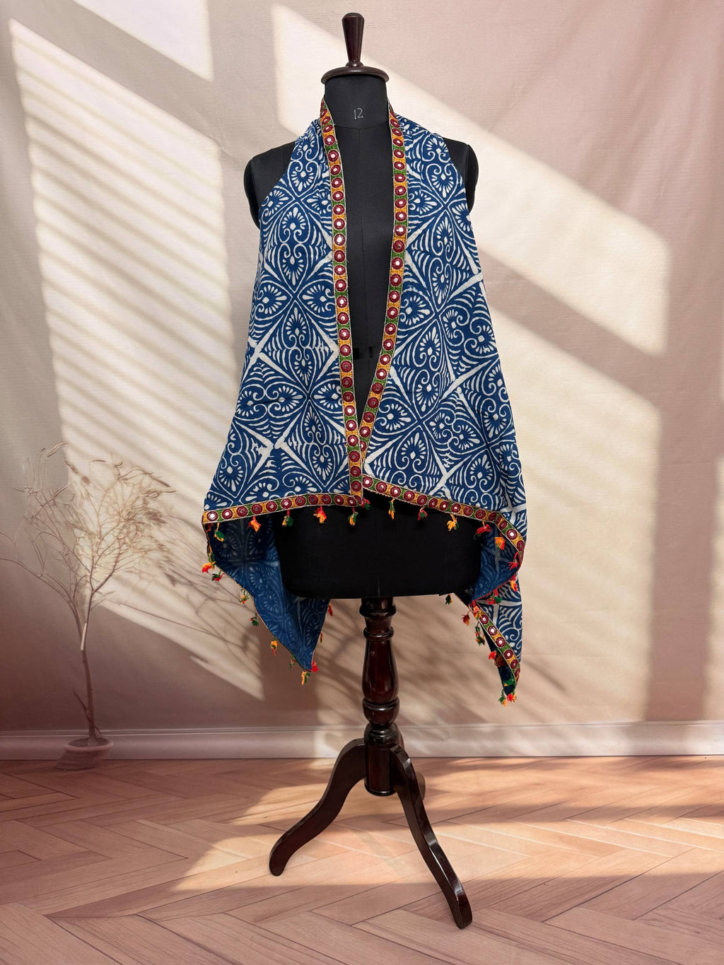 Indigo Blockprint Soft Cotton Tassel Shrug