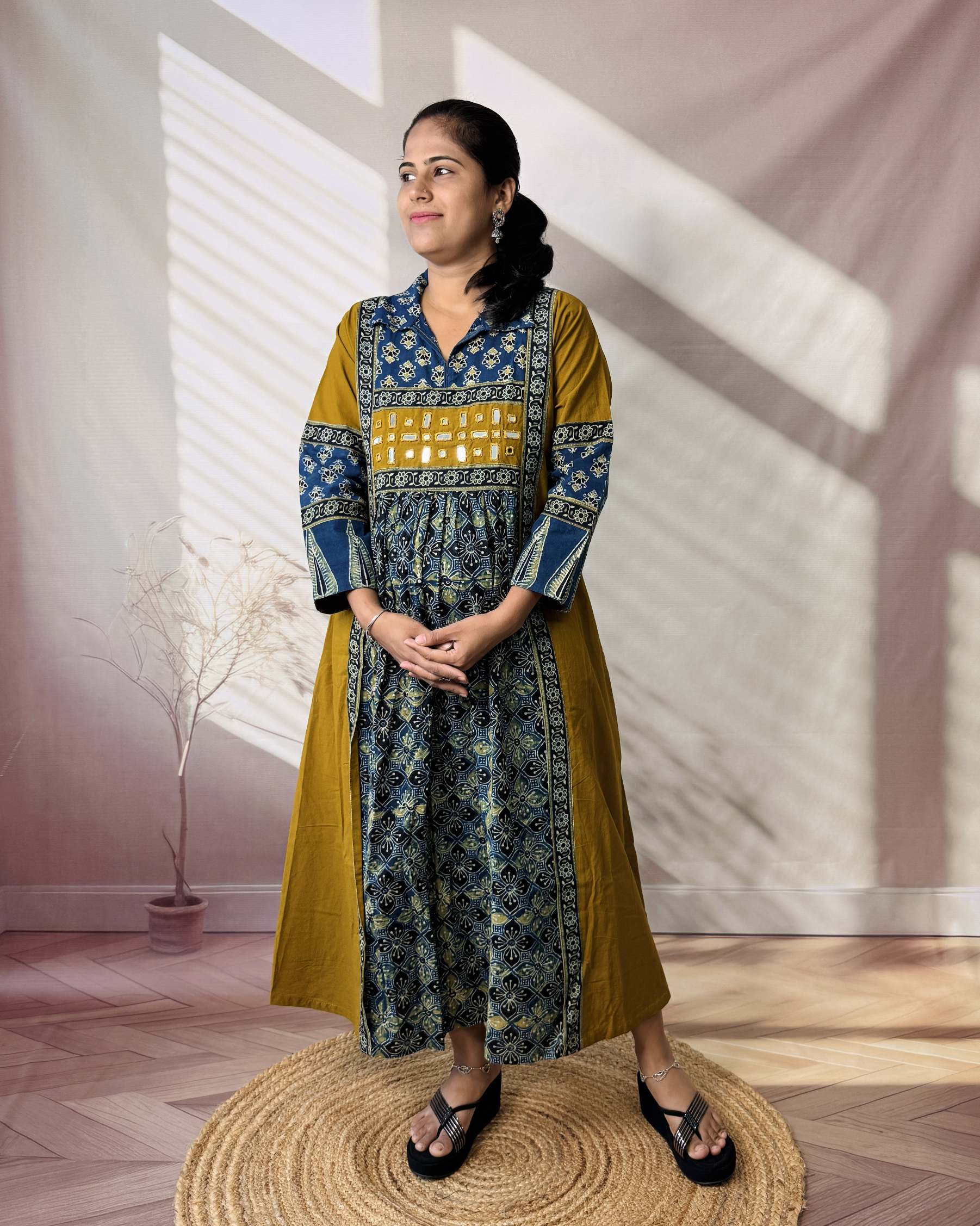 Riya Ajarakh Plain Mirror & Collar Cotton  Long Kurti/One Piece