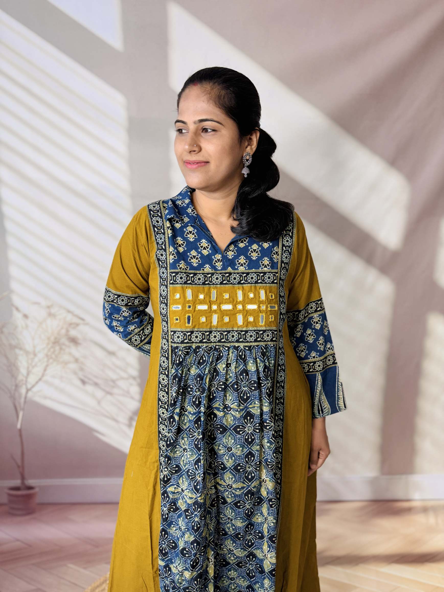 Riya Ajarakh Plain Mirror & Collar Cotton  Long Kurti/One Piece