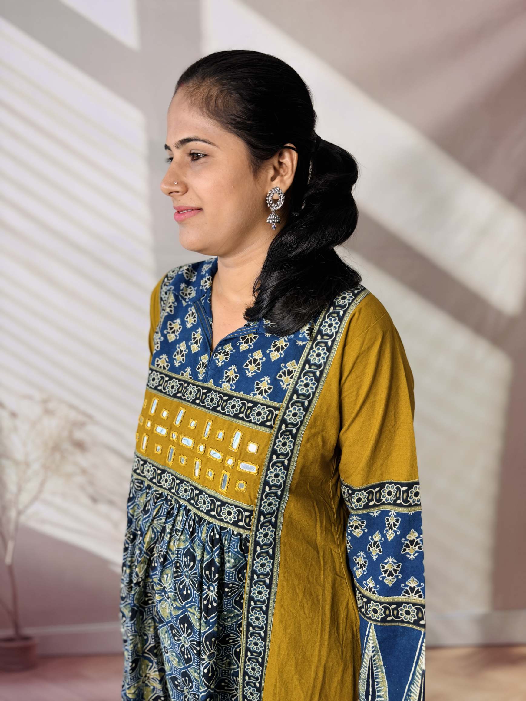 Riya Ajarakh Plain Mirror & Collar Cotton  Long Kurti/One Piece