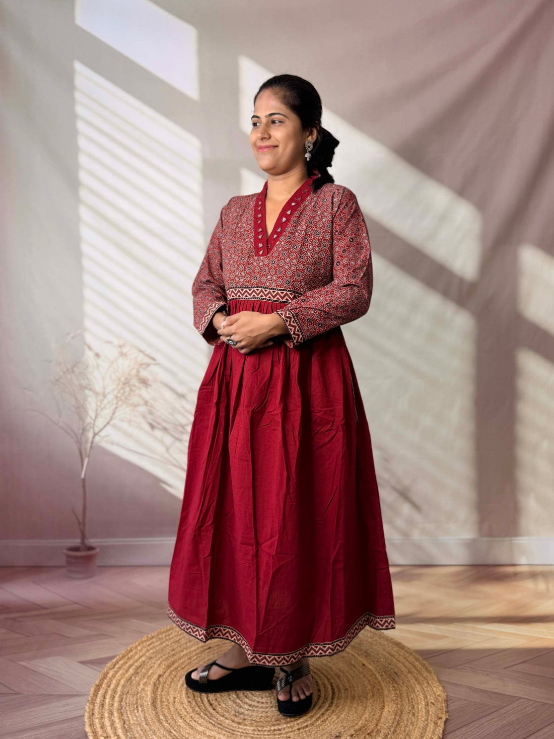 Anni Ajarakh Plain Mirror V Neck Cotton Long Kurti/One Piece