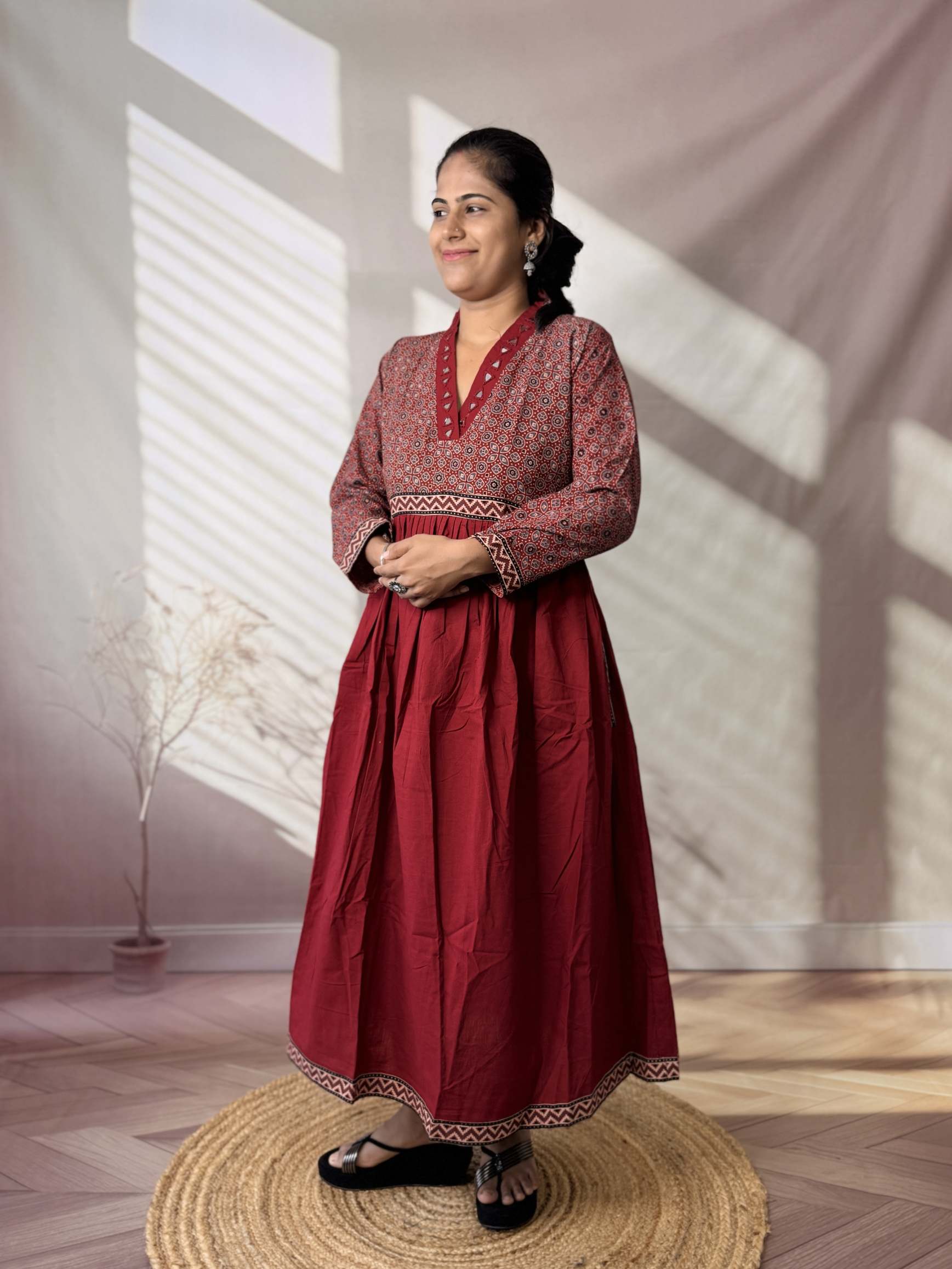 Anni Ajarakh Plain Mirror V Neck Cotton Long Kurti/One Piece