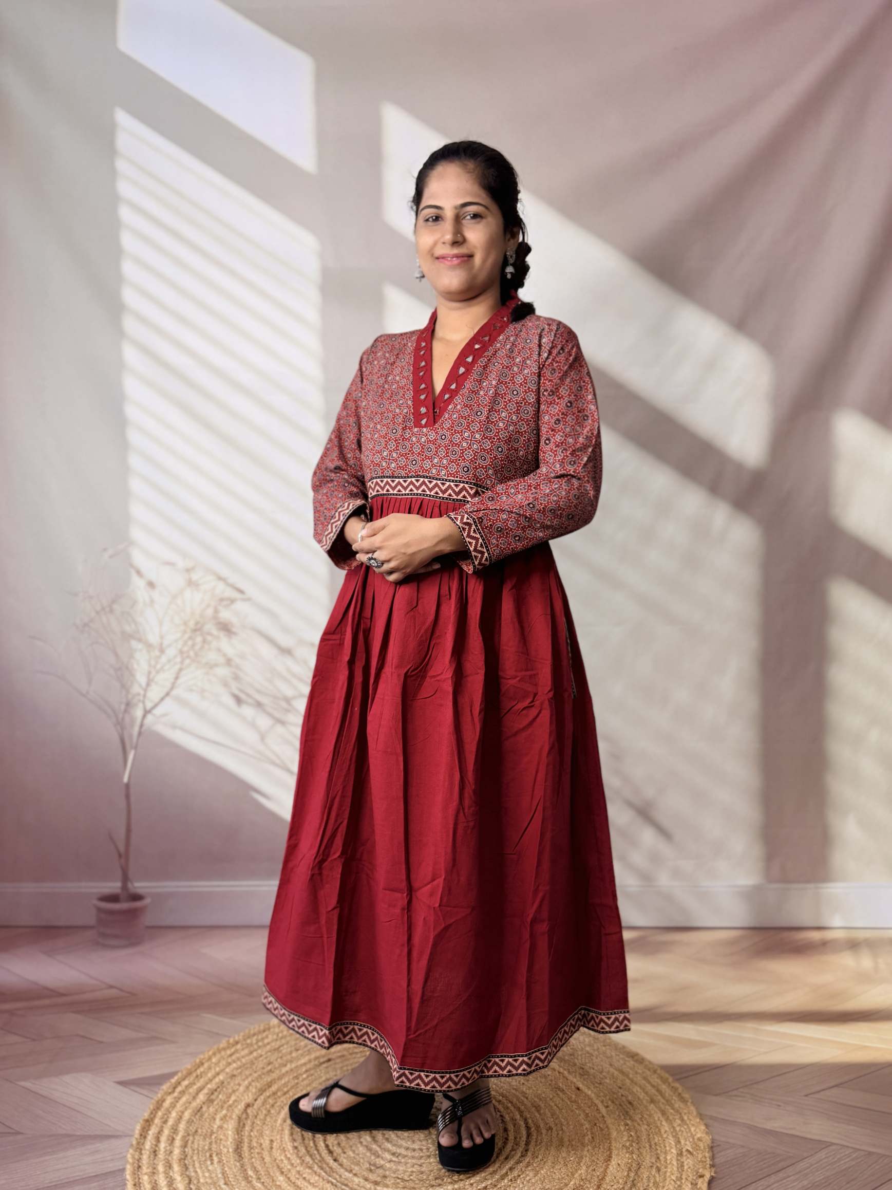 Anni Ajarakh Plain Mirror V Neck Cotton Long Kurti/One Piece