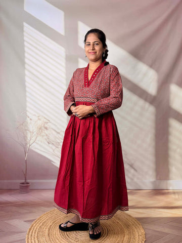 Anni Ajarakh Plain Mirror V Neck Cotton Long Kurti/One Piece