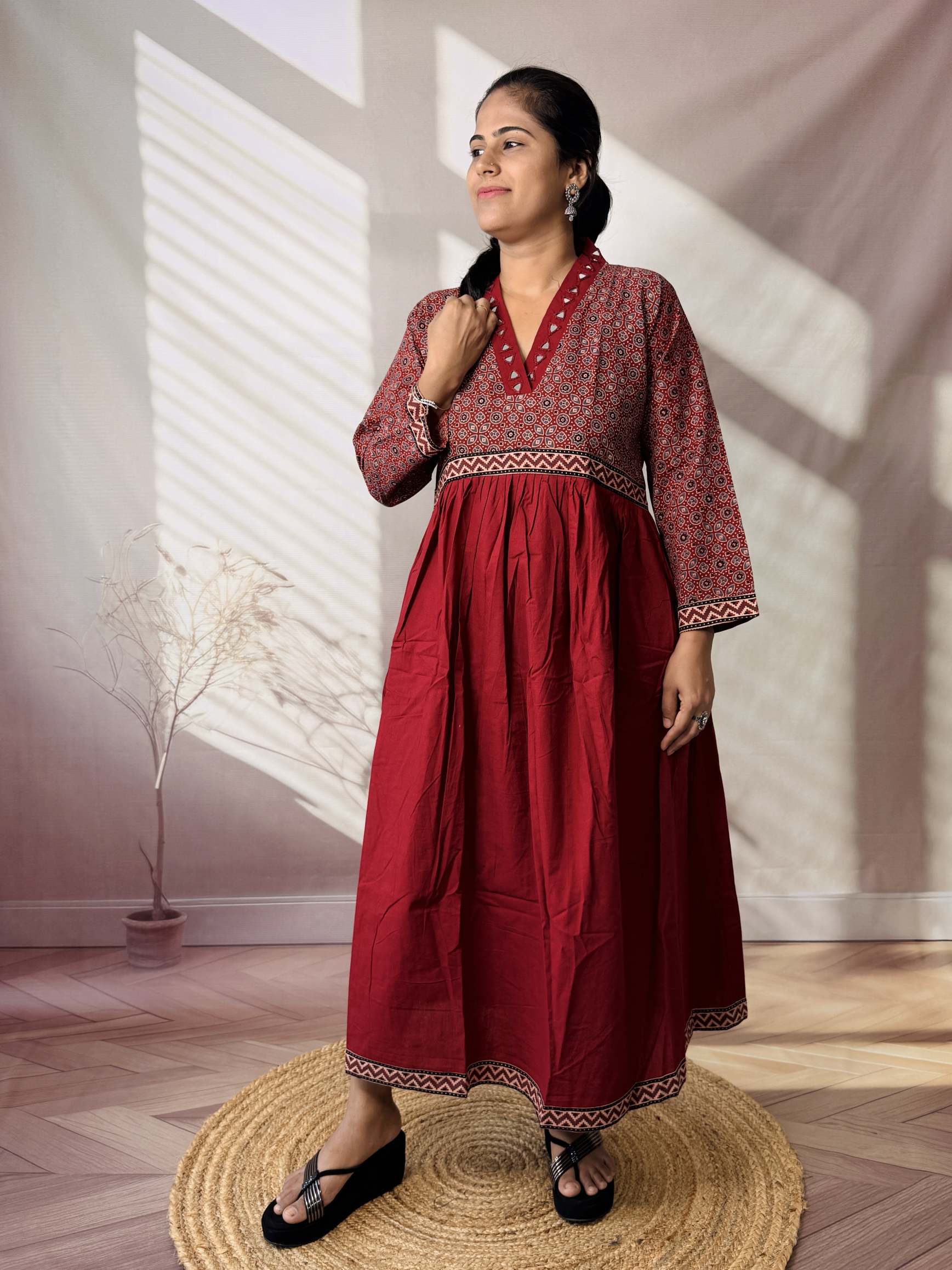 Anni Ajarakh Plain Mirror V Neck Cotton Long Kurti/One Piece