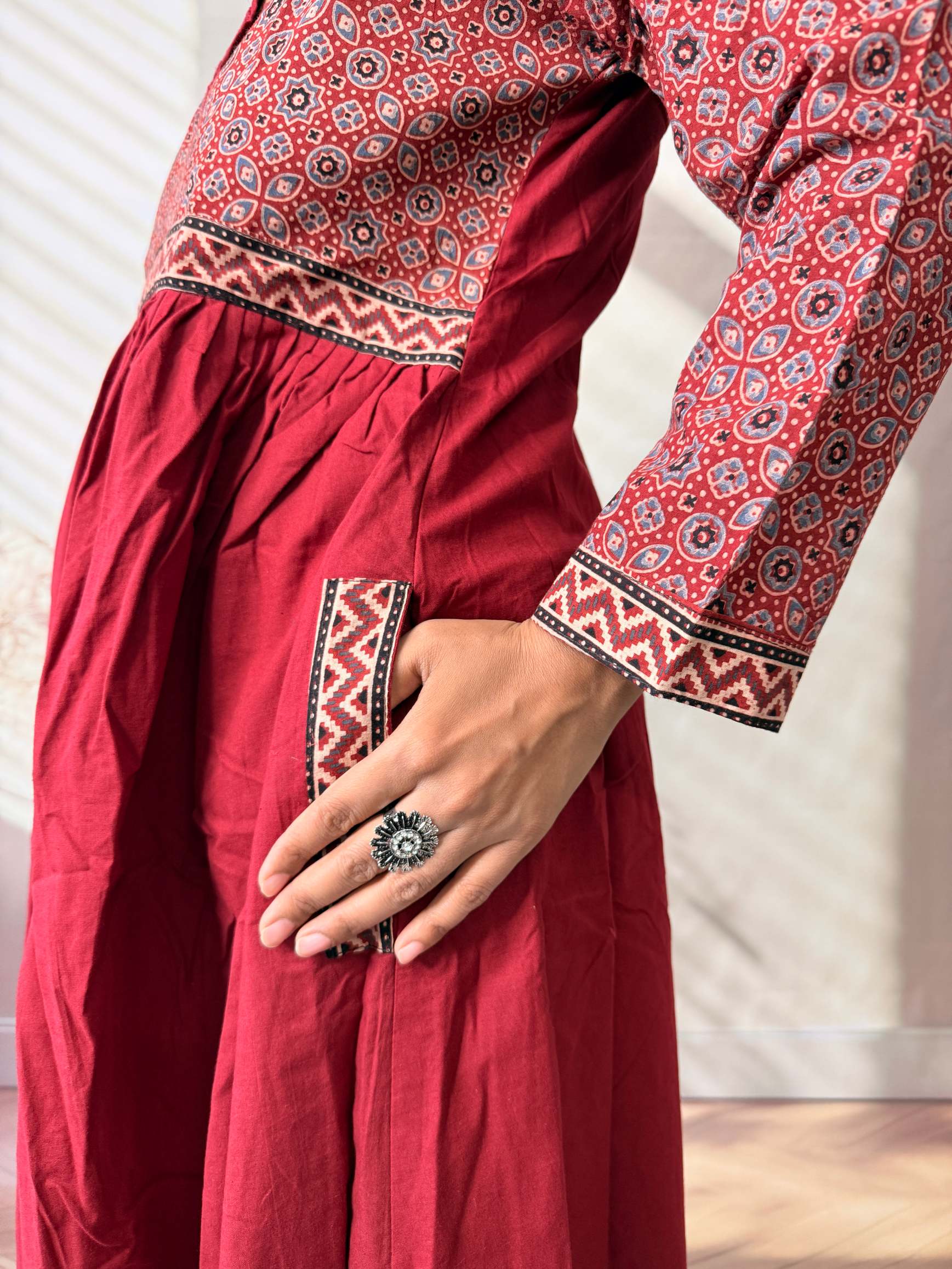 Anni Ajarakh Plain Mirror V Neck Cotton Long Kurti/One Piece