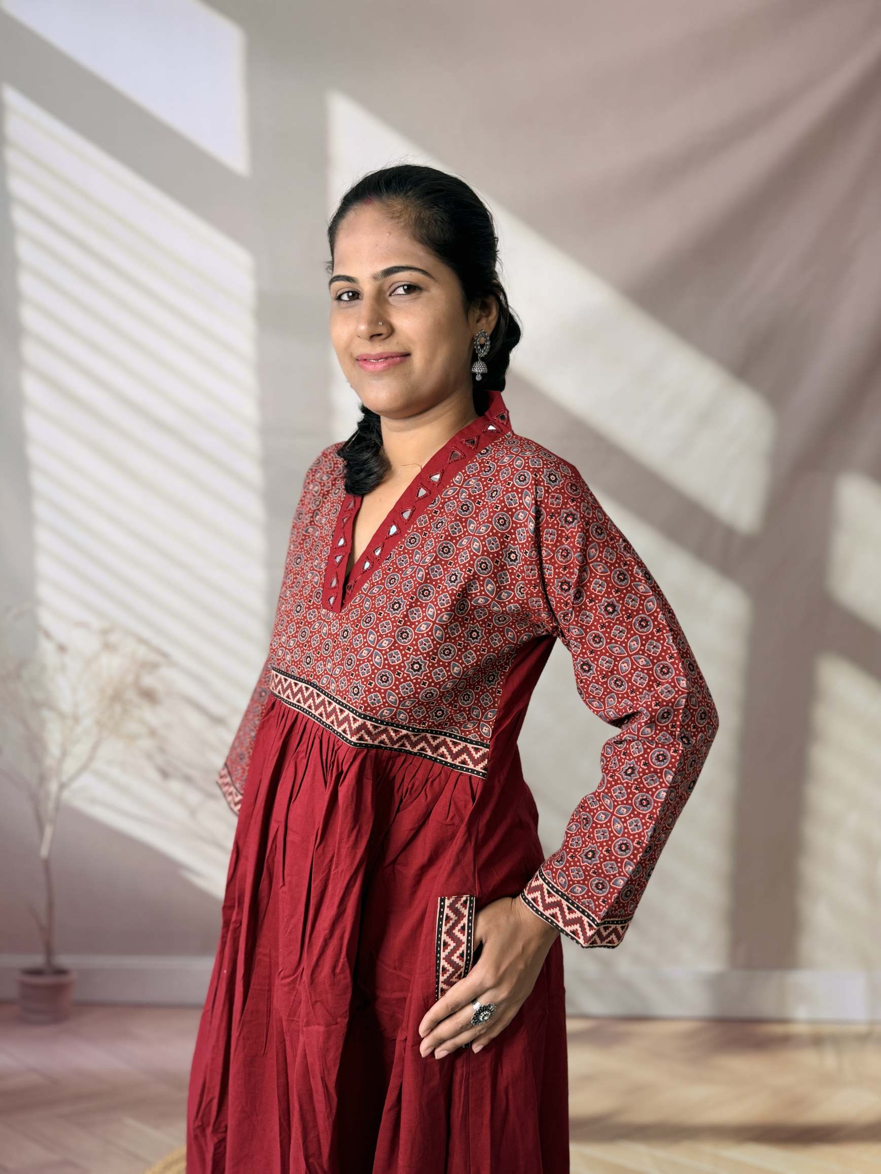 Anni Ajarakh Plain Mirror V Neck Cotton Long Kurti/One Piece