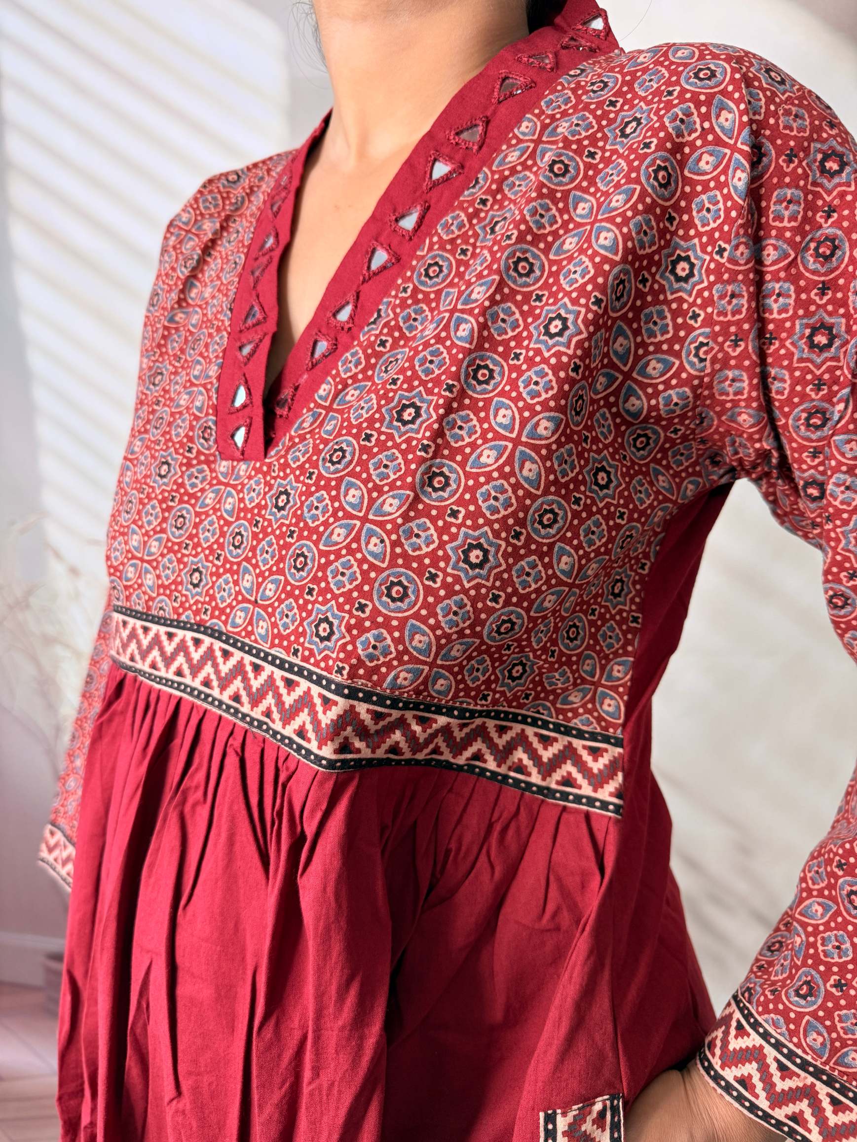 Anni Ajarakh Plain Mirror V Neck Cotton Long Kurti/One Piece