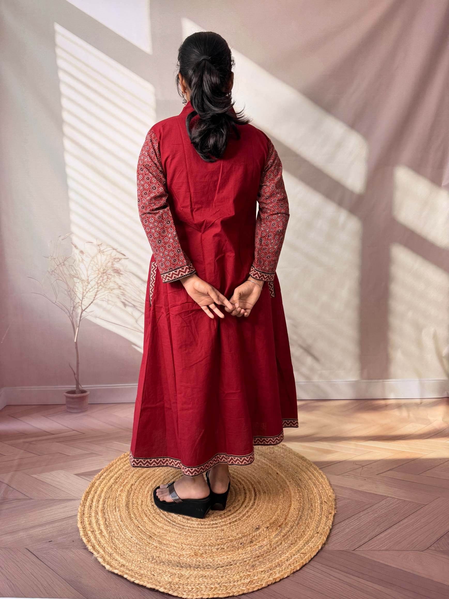 Anni Ajarakh Plain Mirror V Neck Cotton Long Kurti/One Piece