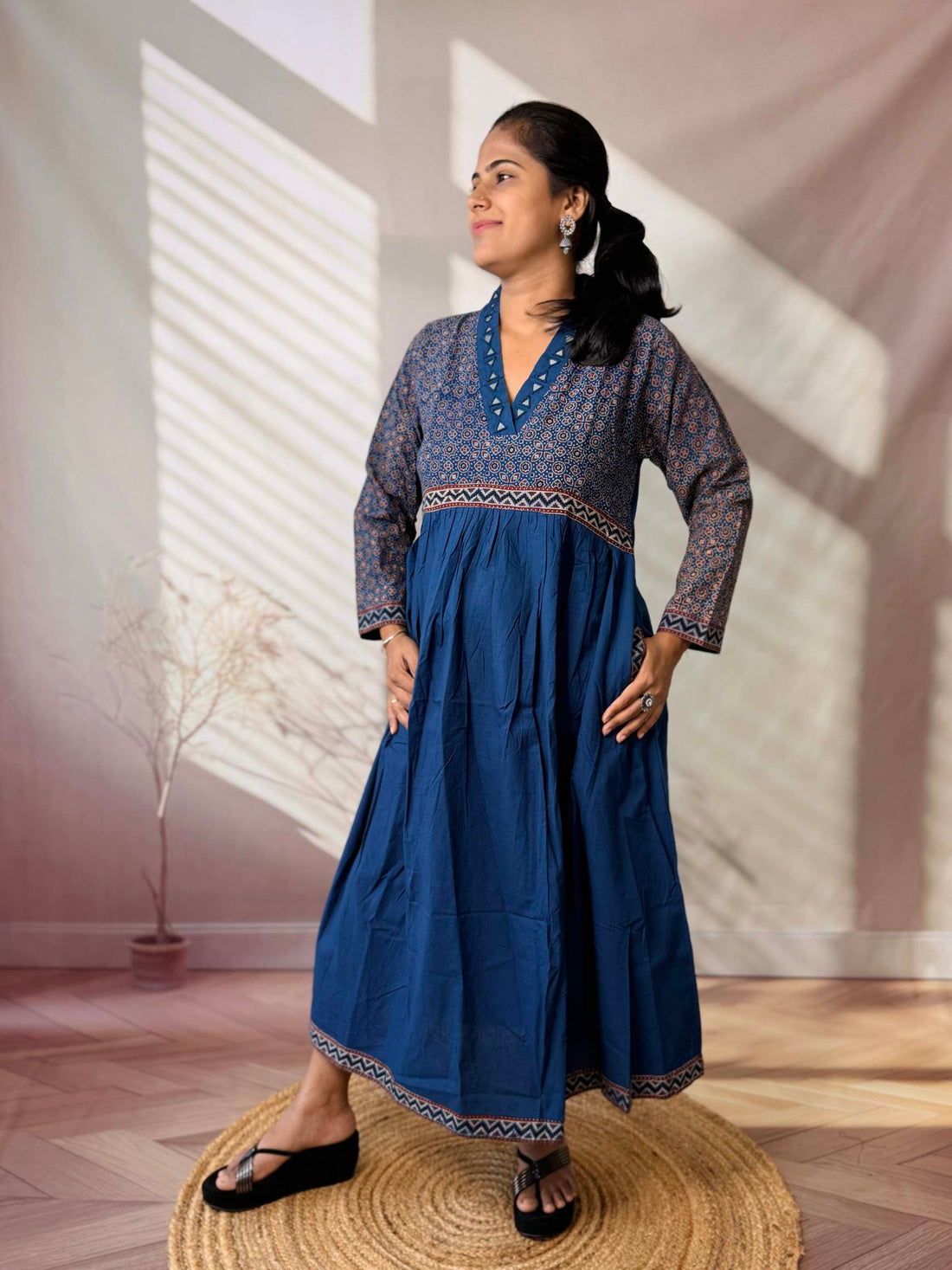 Anni Ajarakh Plain Mirror V Neck Cotton Long Kurti/One Piece