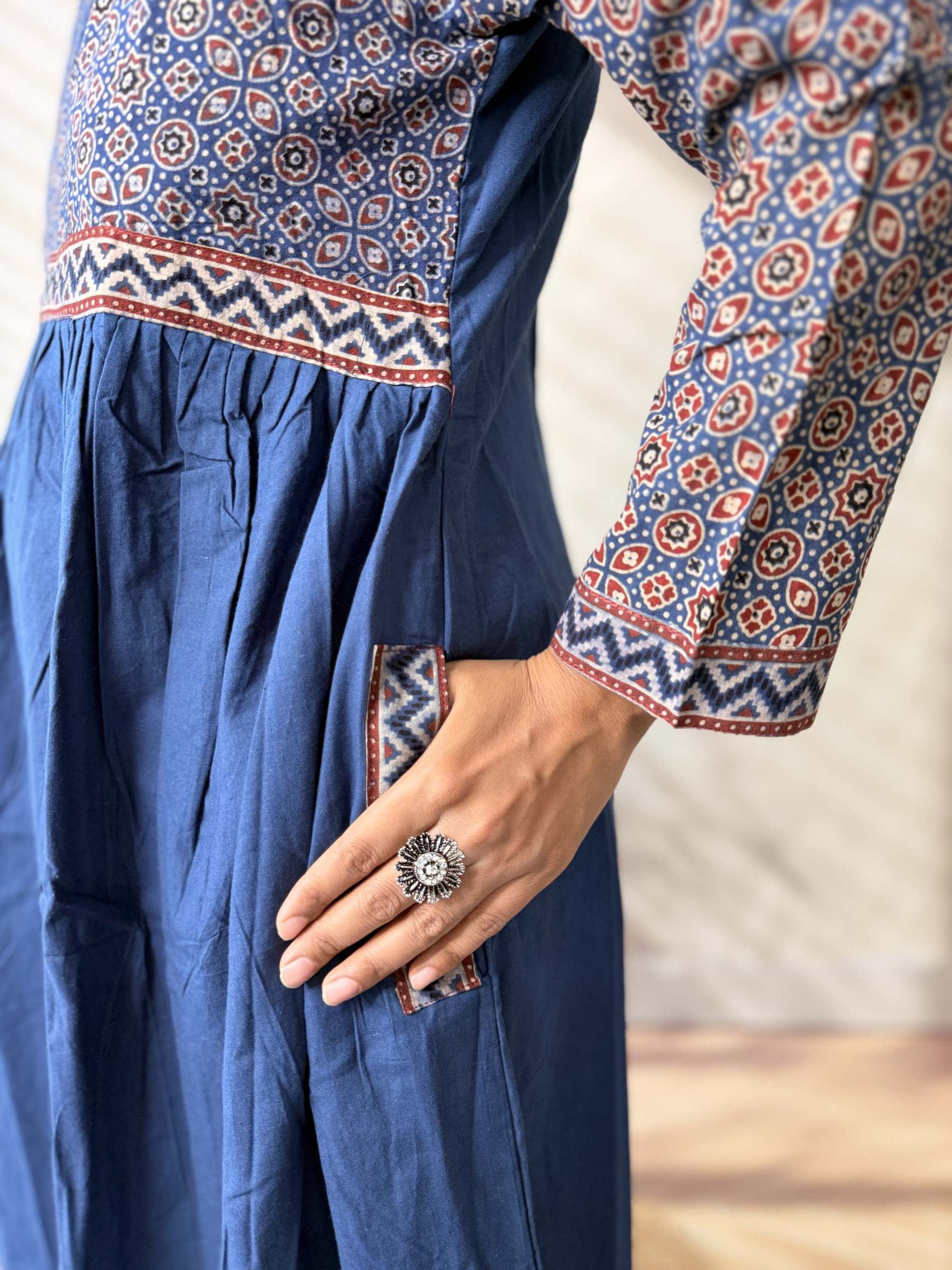Anni Ajarakh Plain Mirror V Neck Cotton Long Kurti/One Piece